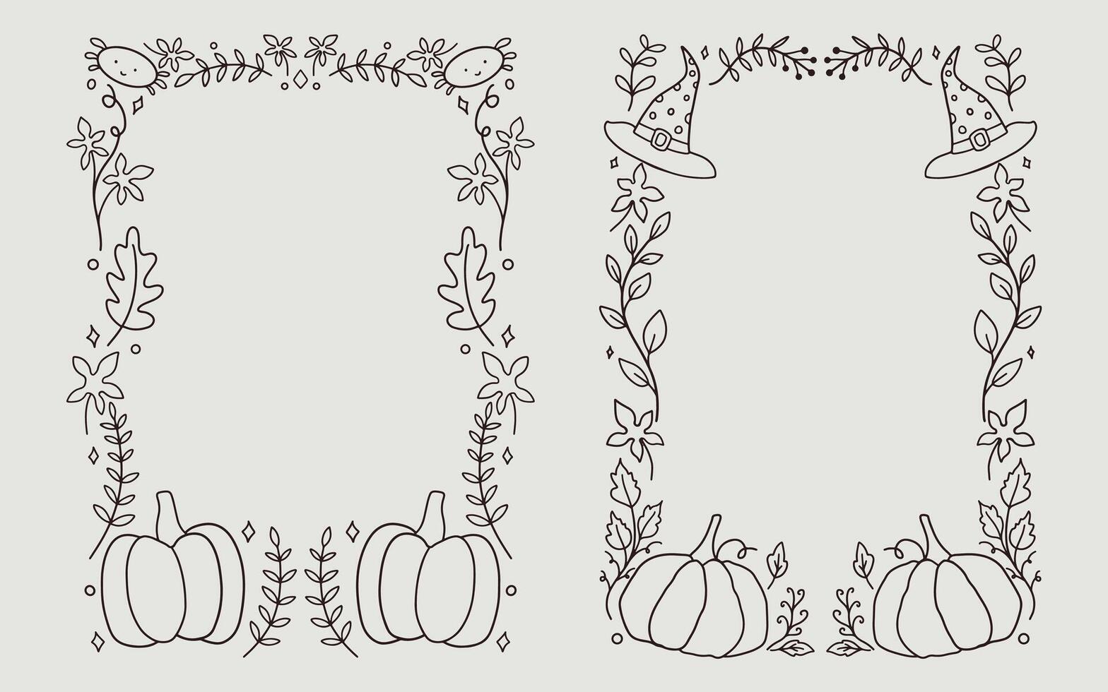 Hallowen frame, border, Background. cute illustration pumpkin, witch hat, flower lineart for coloring pages or invitation design vector
