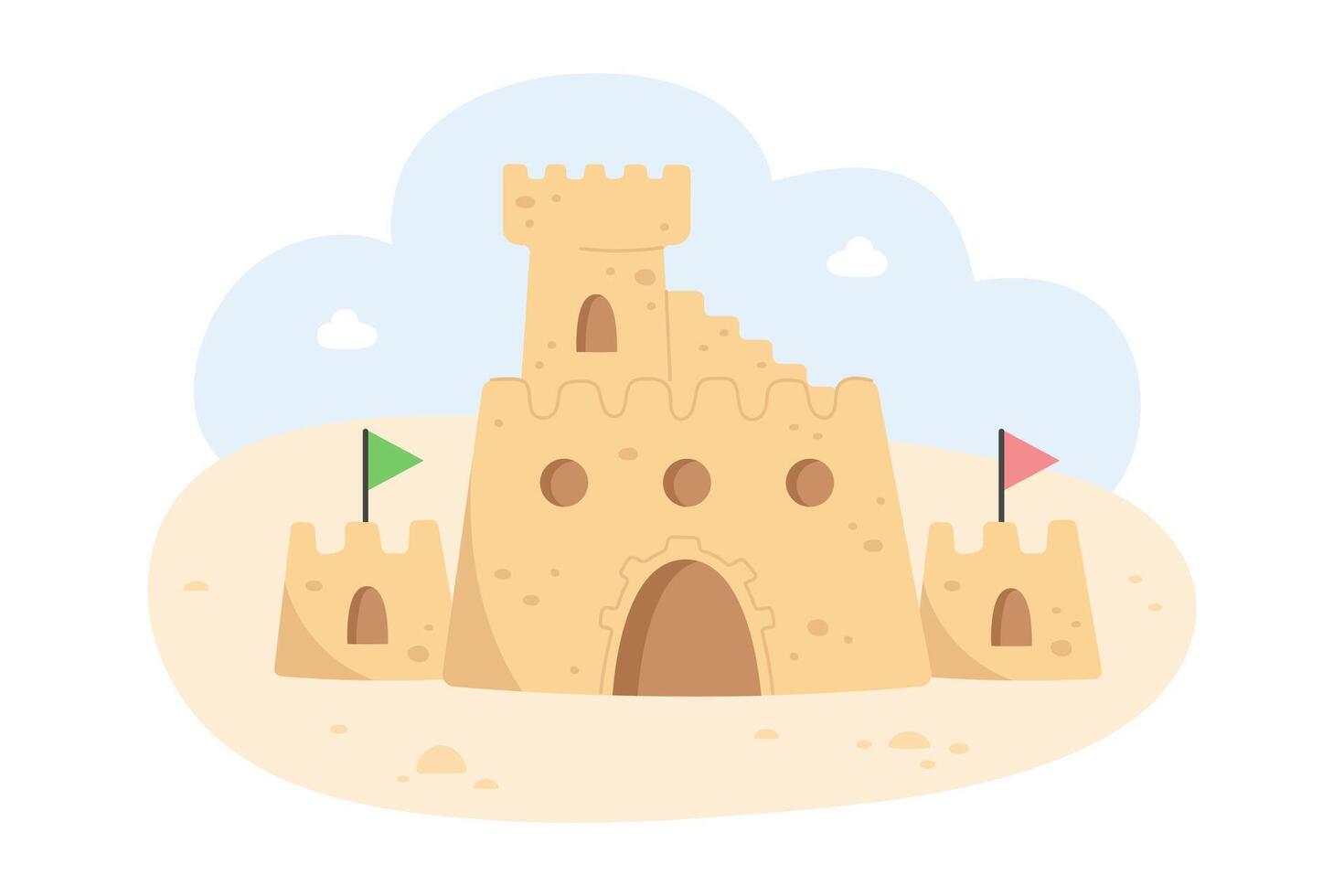 Sand castle with towers and flags on the beach vector