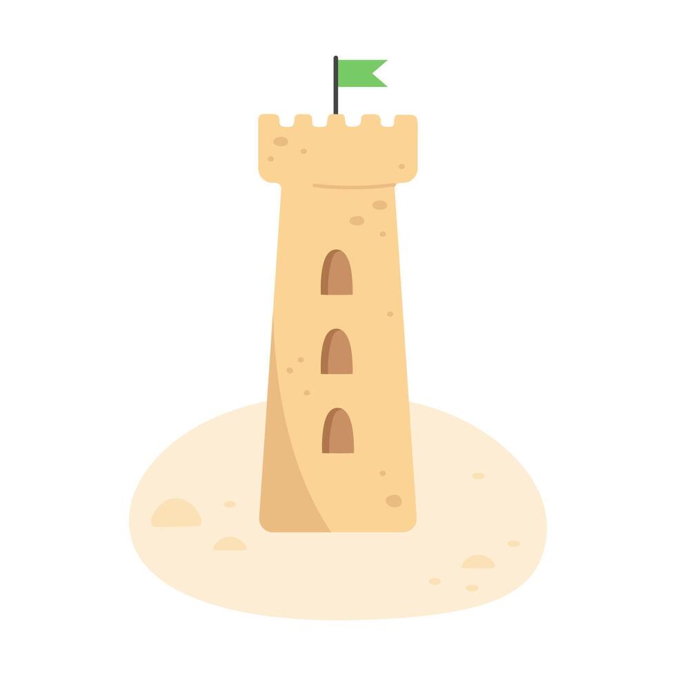 Sandcastle with flag on the beach in flat style vector