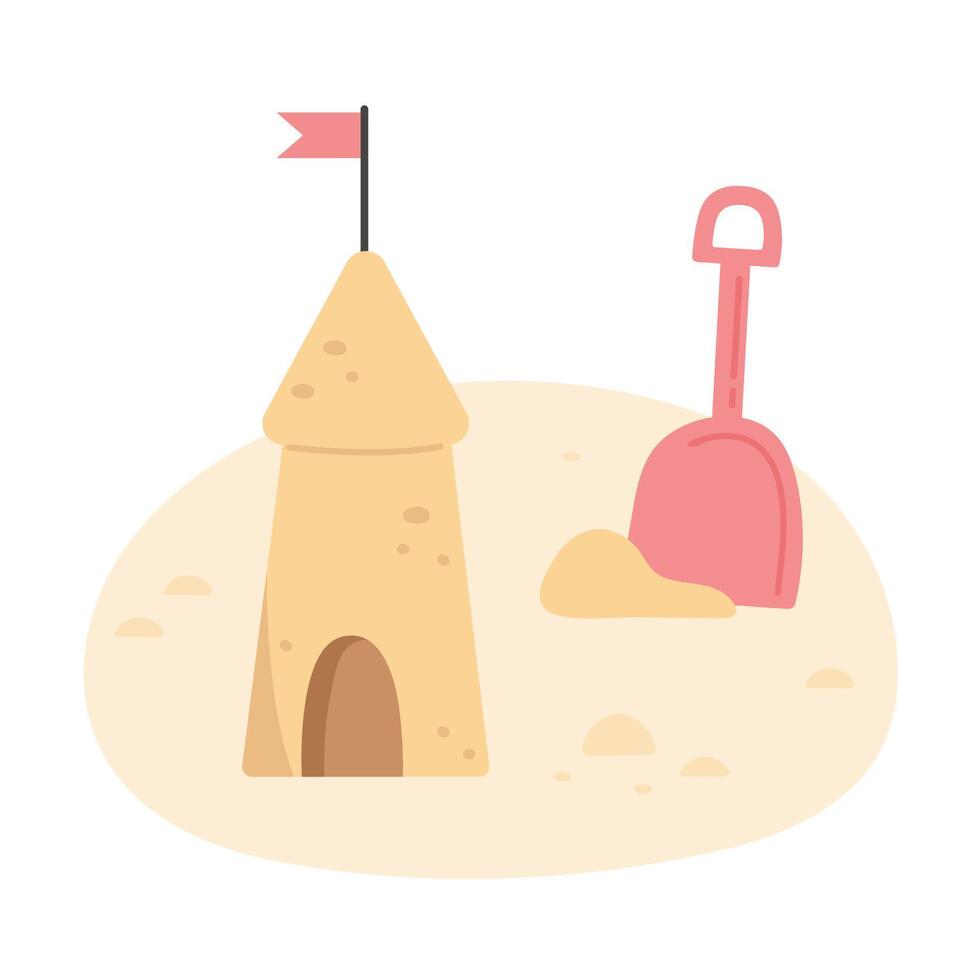 Yellow summer sand castle and shovel vector