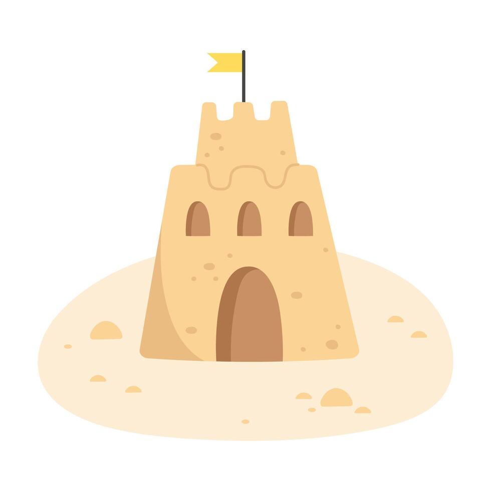 Sandcastle with yellow flag on the beach vector