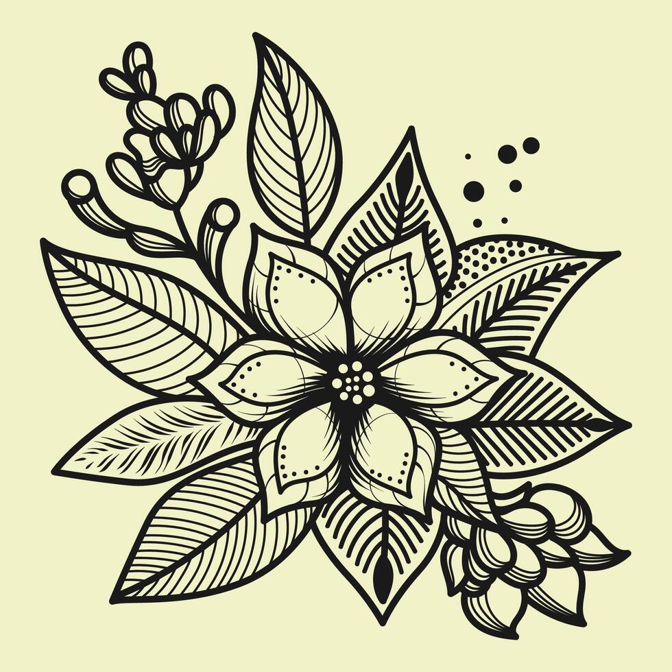 Flower thick line illustration. High detail of line drawing. Black and white. Fit for coloring book, cover, background, element, poster, banner, tattoo, wall painting. Eps 10. vector