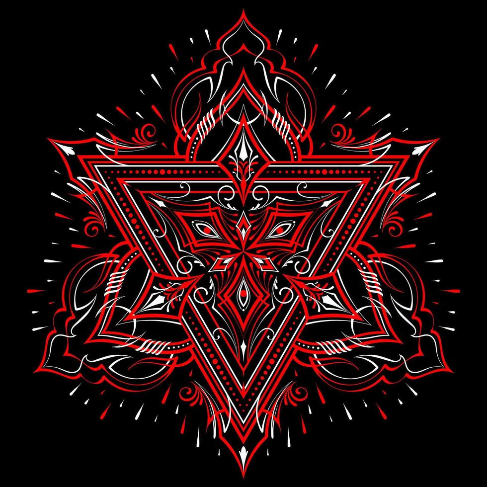 Triangle illustration in the form of a mandala. Henna tatoo mandala. Red and white style. Decorative pattern in oriental style. Eps 10. vector
