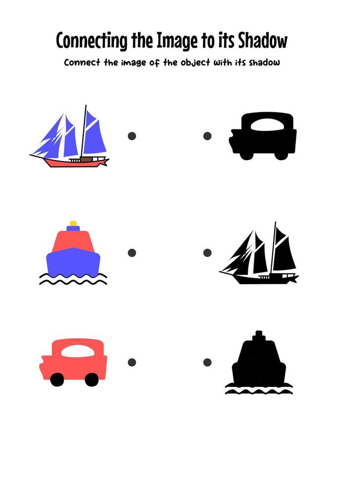 educational game for children. connecting the image to its shadow. illustration of cartoon the ship and car. Education worksheet Printable A4 size. vector