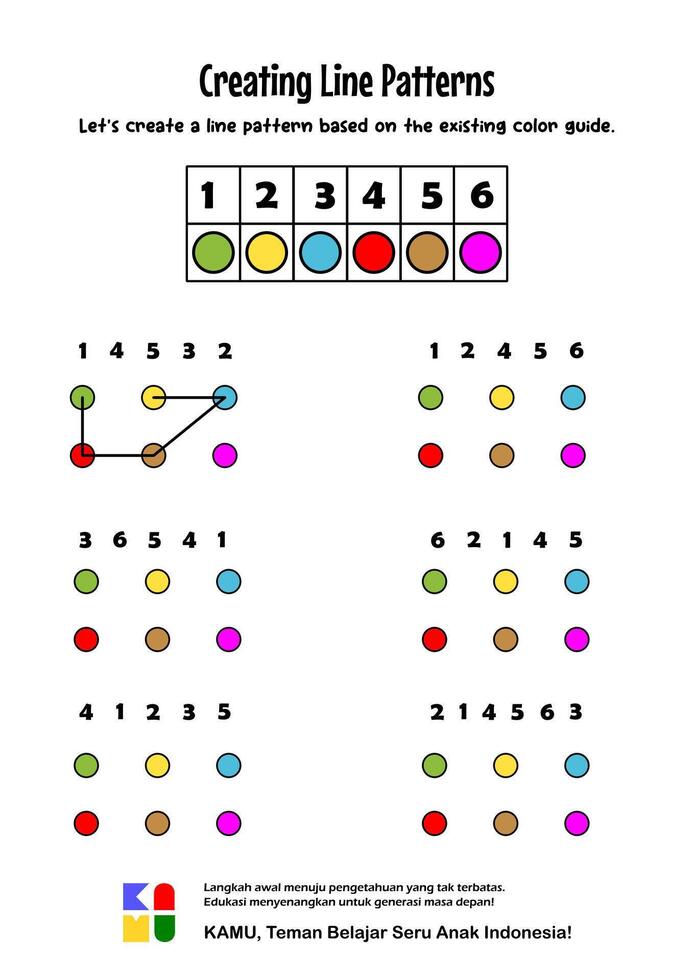 Education worksheet Printable A4 size. creating pattern with color of dots with guideline. educational game for children. focus exercise vector