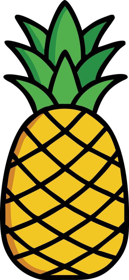 Pineapple Icon with Green Leaves on Black Background, Simple, colorful illustration of a pineapple with green leaves and a textured yellow body, set against a black background, vector
