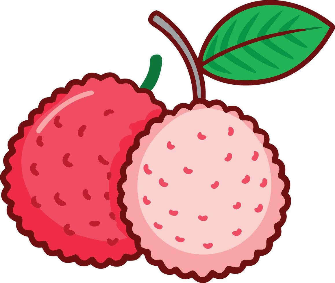 Cartoon illustration of lychee with leaves,showcasing simple, minimalistic,stylized ,colorful design.ideal for food-related designs or healthy eating themes. vector