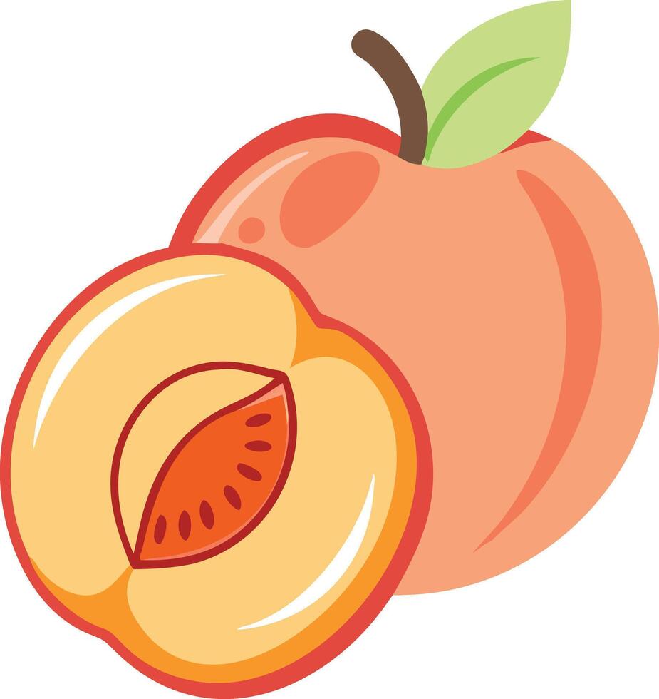 peach Fruit with Slice Illustration, Bright, cartoon-style illustration of a whole peach with a slice, showing vibrant color and juicy detail, ideal for food themes. vector