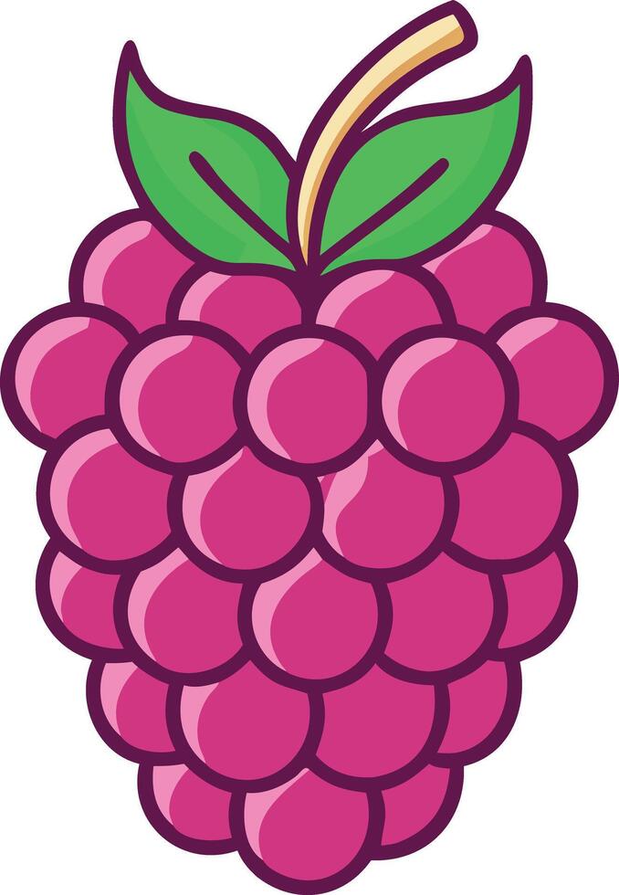 Raspberry Illustration with Leafy Stem, Bright and detailed illustration of a raspberry with a leafy stem, showcasing its vibrant red color and clustered texture in a graphic style. vector