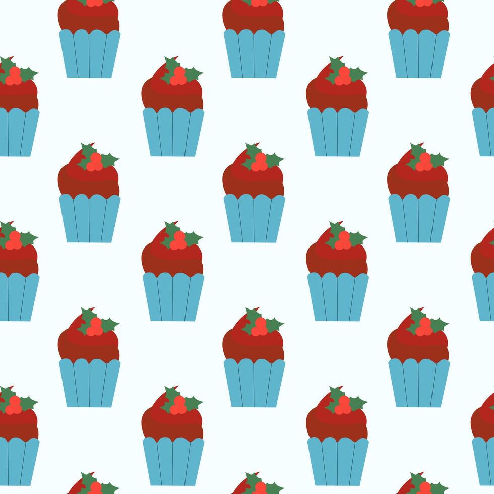 Seamless Pattern. Christmas cupcake with mistletoe. Flat Illustration. vector