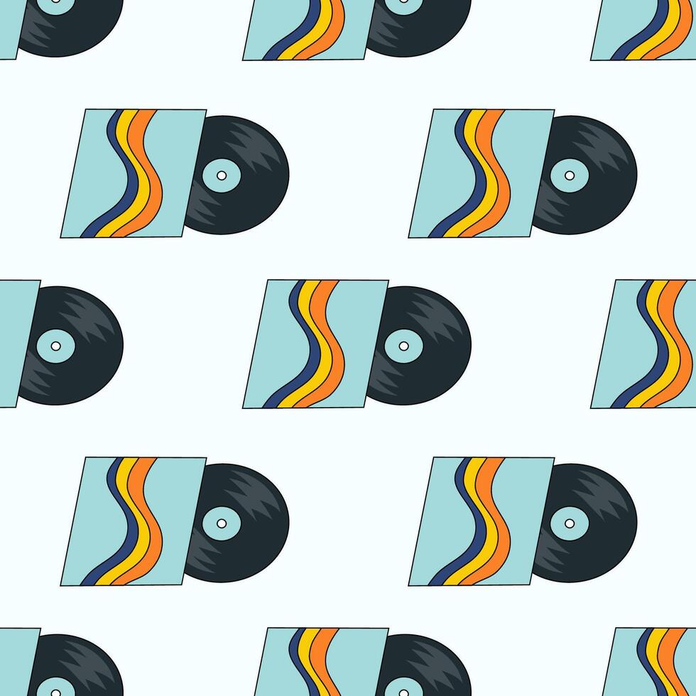 Seamless Pattern. Blue vinyl record. LP or long play music disc. DJ equipment for disco party background. Discotheque nostalgia concept. flat illustration. vector