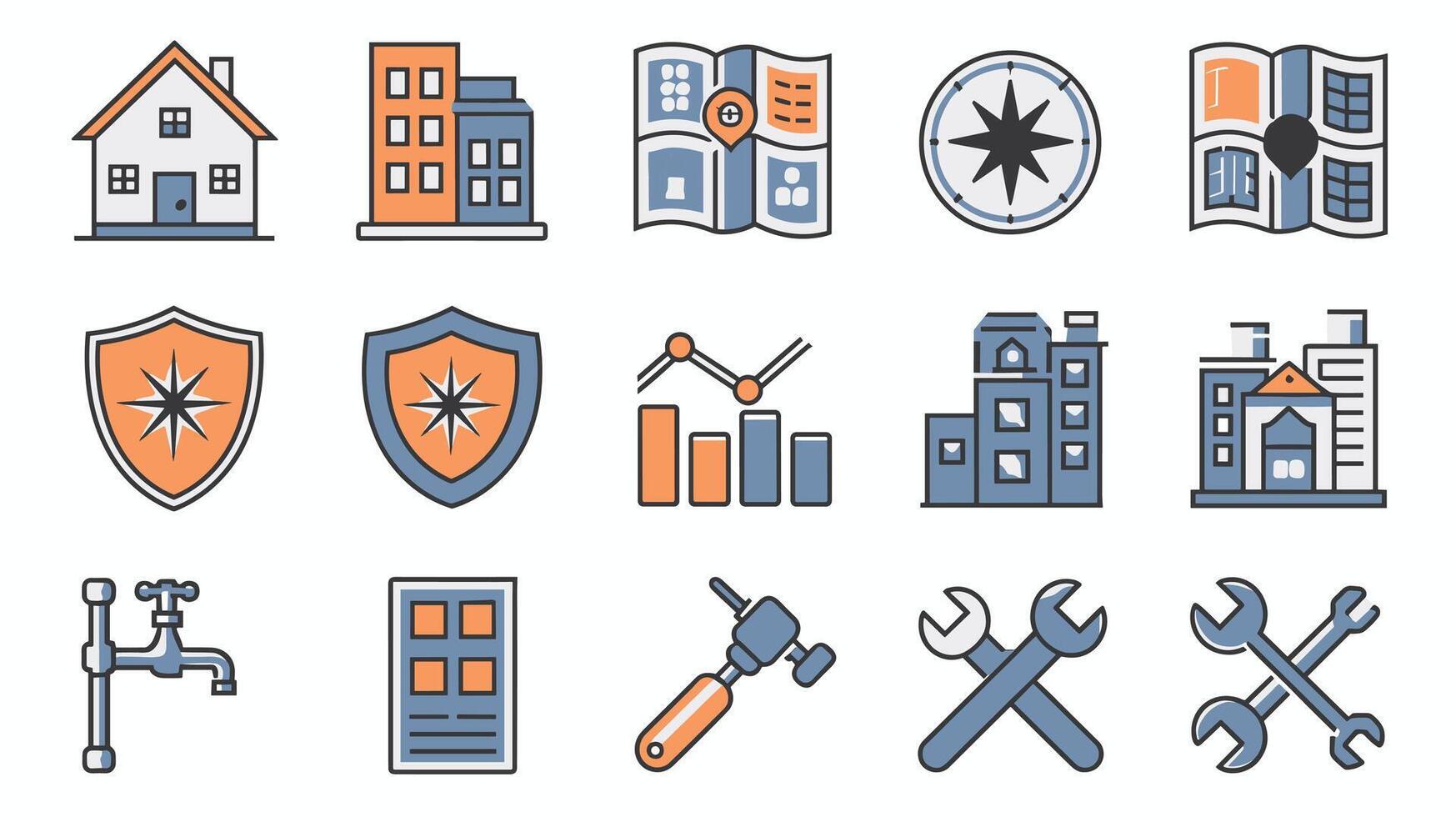 A collection of colorful icons representing themes of construction, navigation, and utilities, featuring houses, maps, tools, and graphs. vector