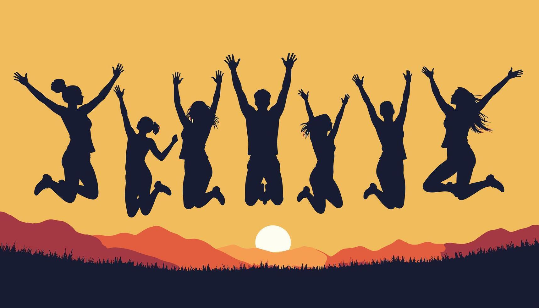 Silhouettes of a diverse group of people leaping joyfully against a vibrant sunset backdrop, symbolizing freedom and unity. vector
