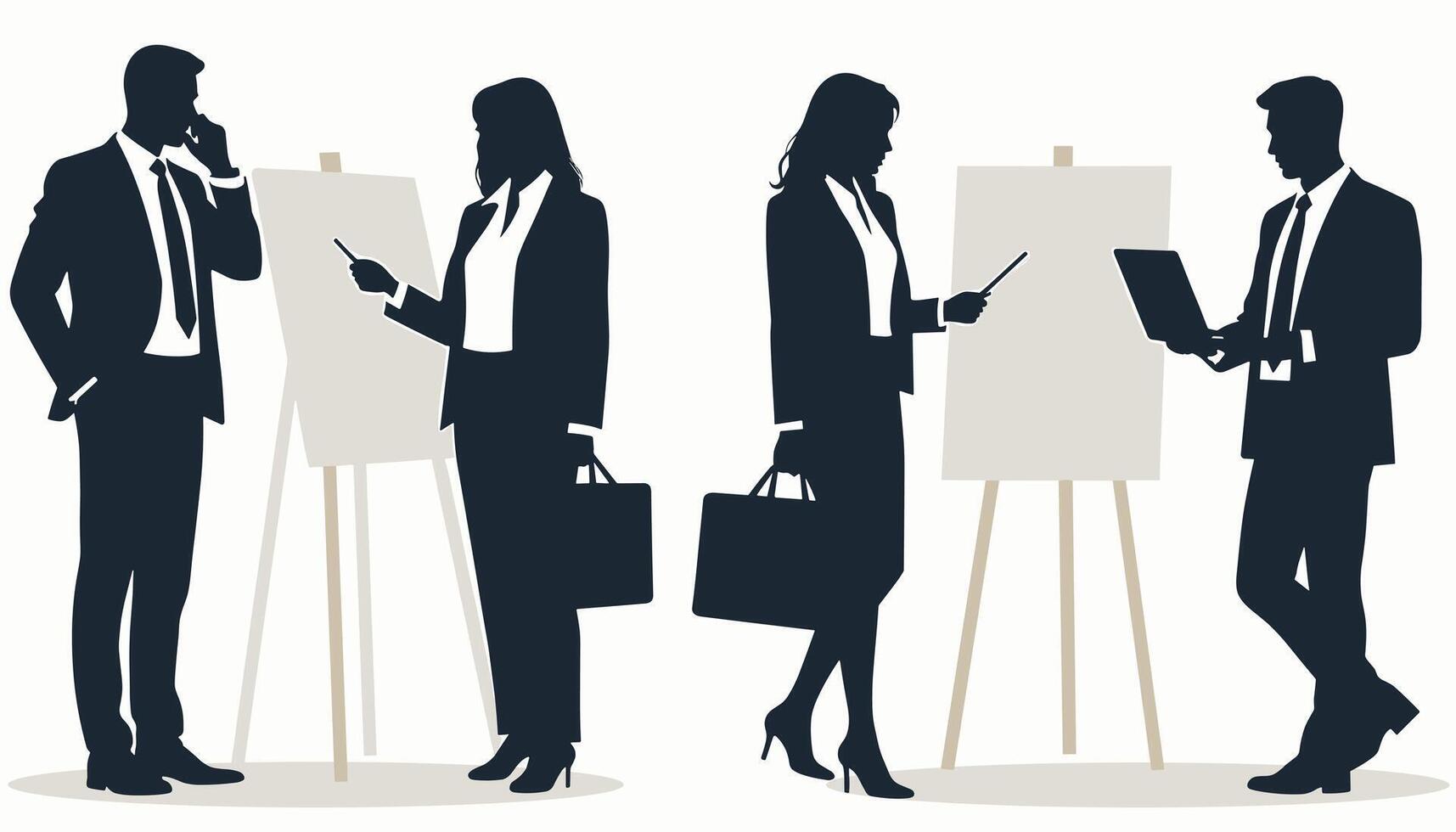 Silhouettes of business professionals engaged in discussions and presentations over blank canvases, exuding a scene of corporate strategy and teamwork. vector