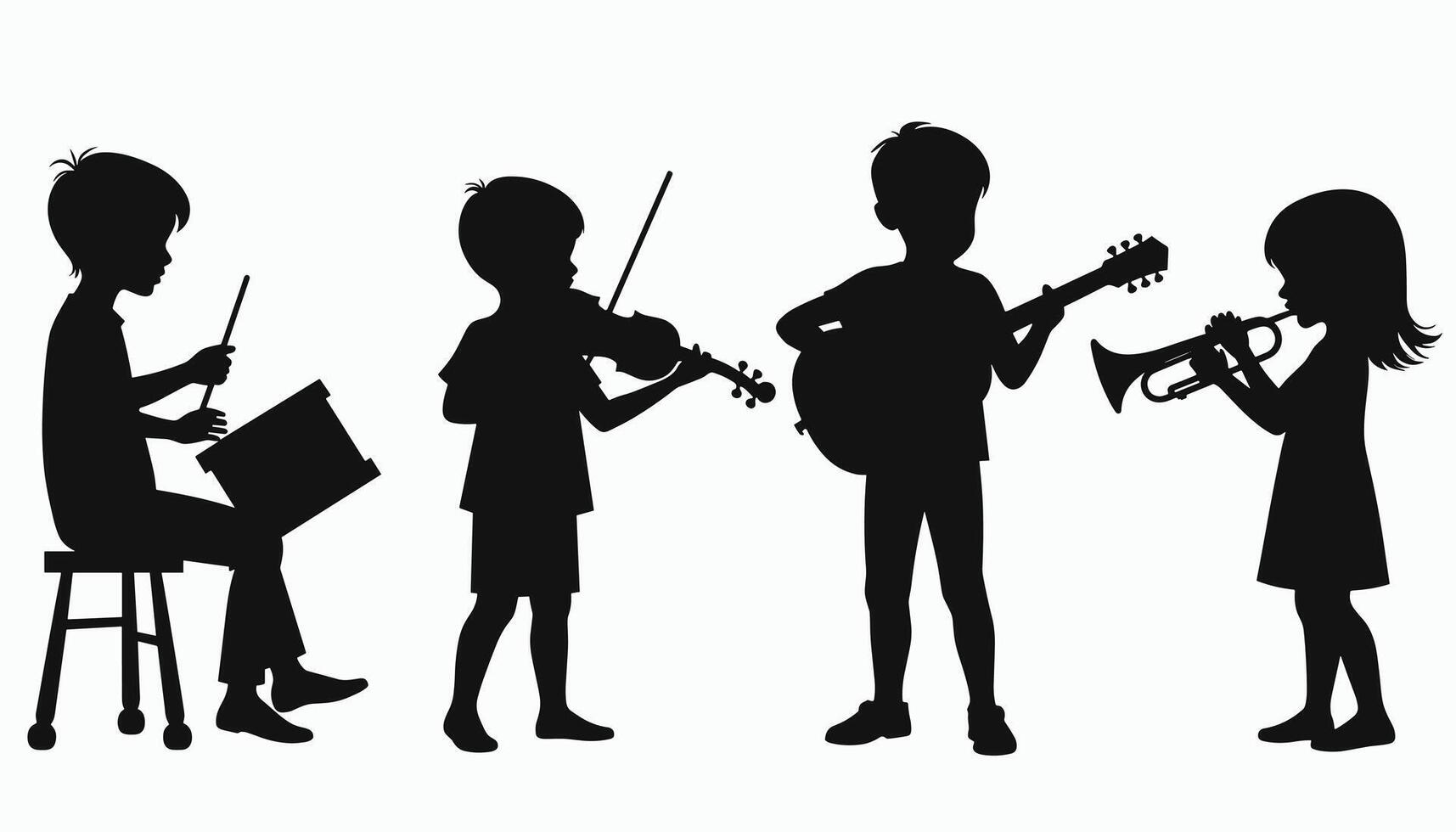 Silhouettes of children playing musical instruments, showcasing a young band with a drummer, violinist, guitarist, and trumpet player. vector