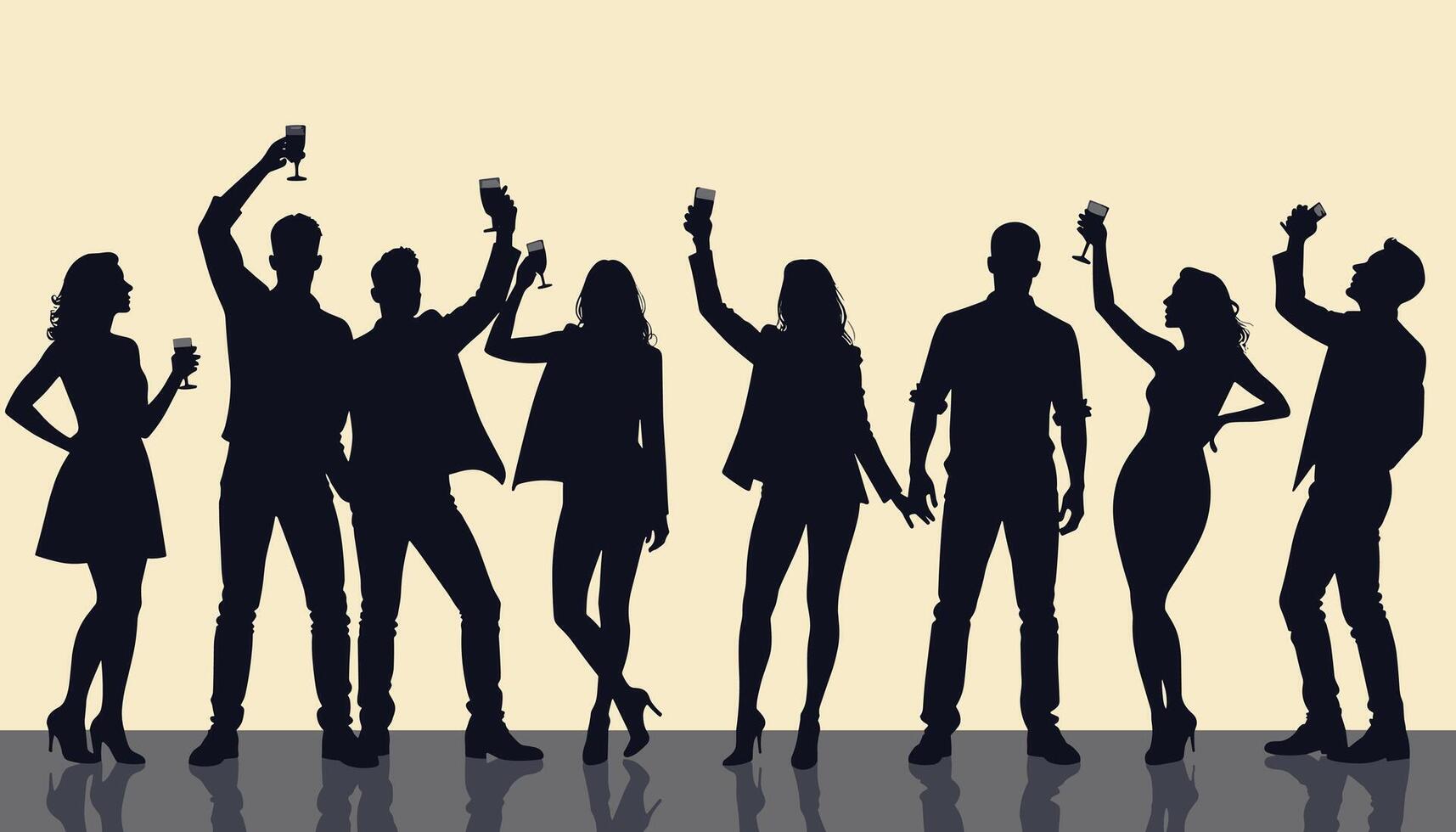 Silhouettes of diverse people celebrating with raised glasses, capturing a festive and joyful atmosphere. vector