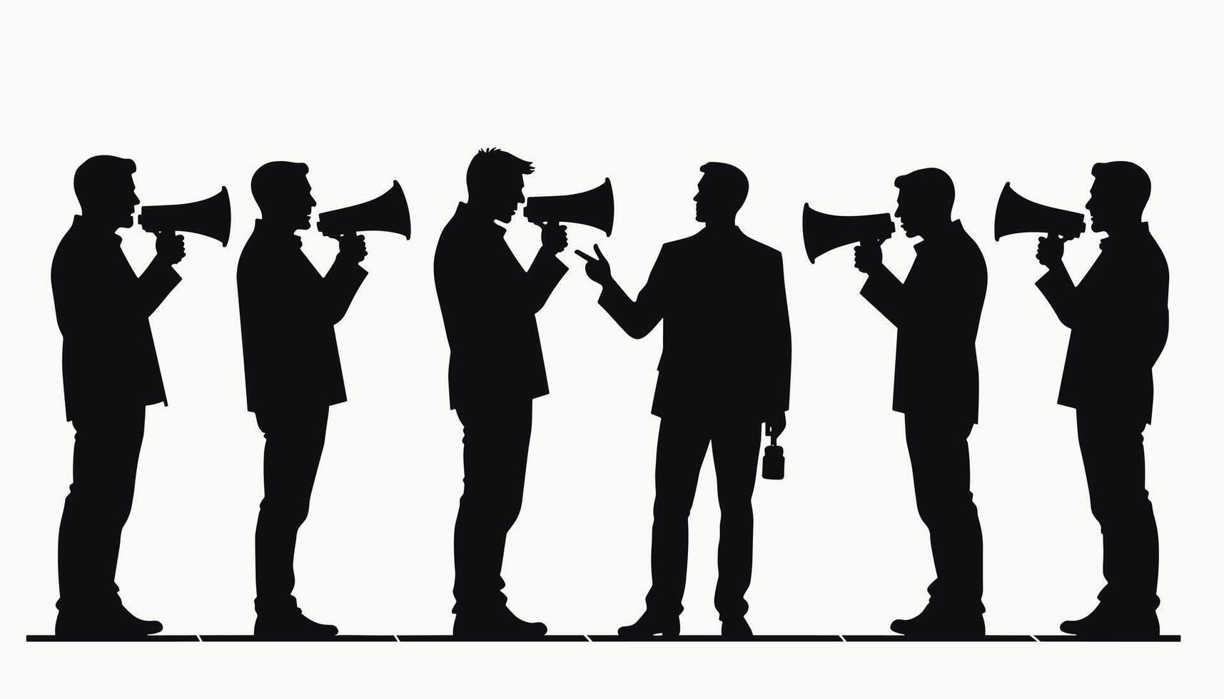 Silhouette of six men in suits, five with megaphones, emphasizing communication and influence. vector