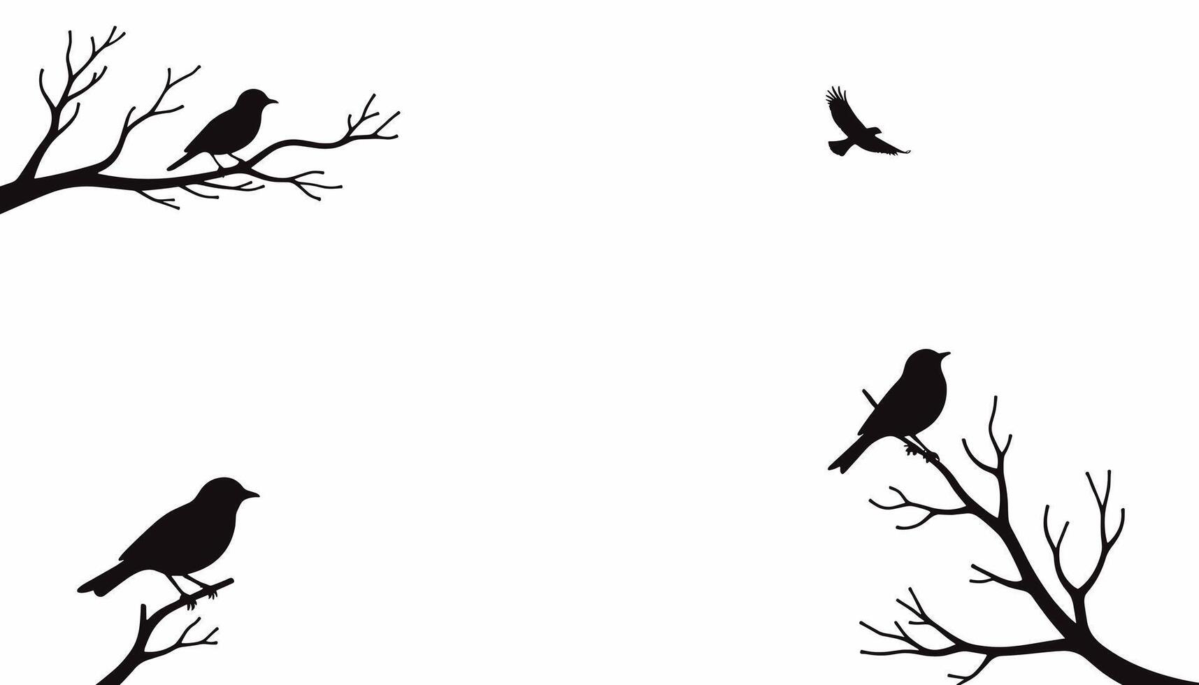 Silhouettes of birds perched on bare branches with one bird in flight against a stark white background. vector
