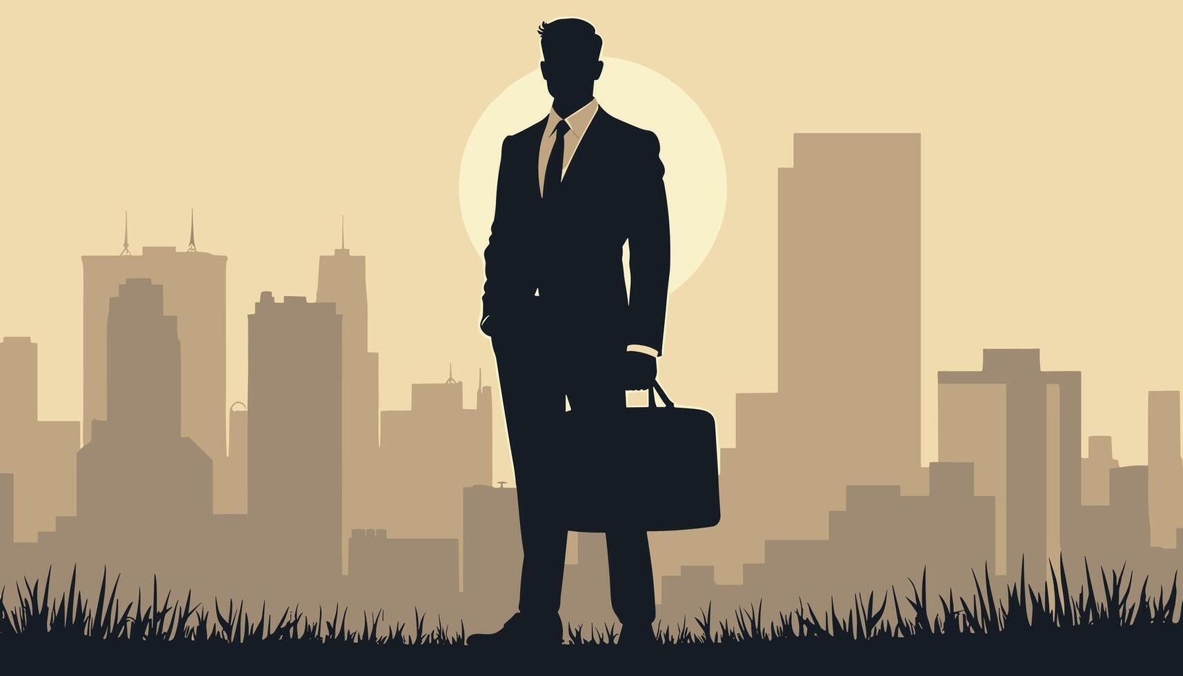 Silhouette of a businessman holding a briefcase, set against a city skyline at dusk with a warm, golden sky. vector