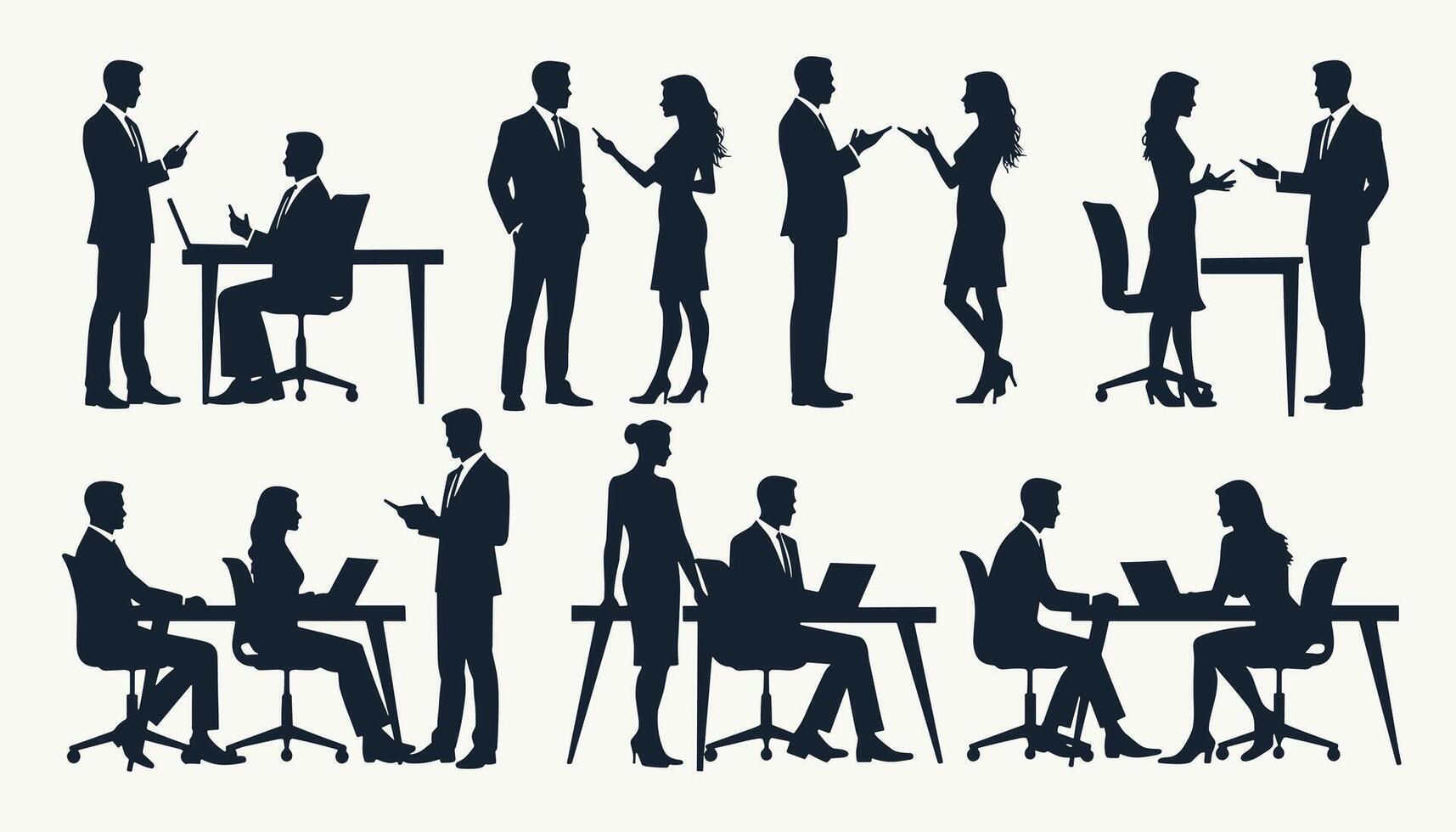Silhouettes of diverse professionals engaging in conversations and meetings in an office setting. vector