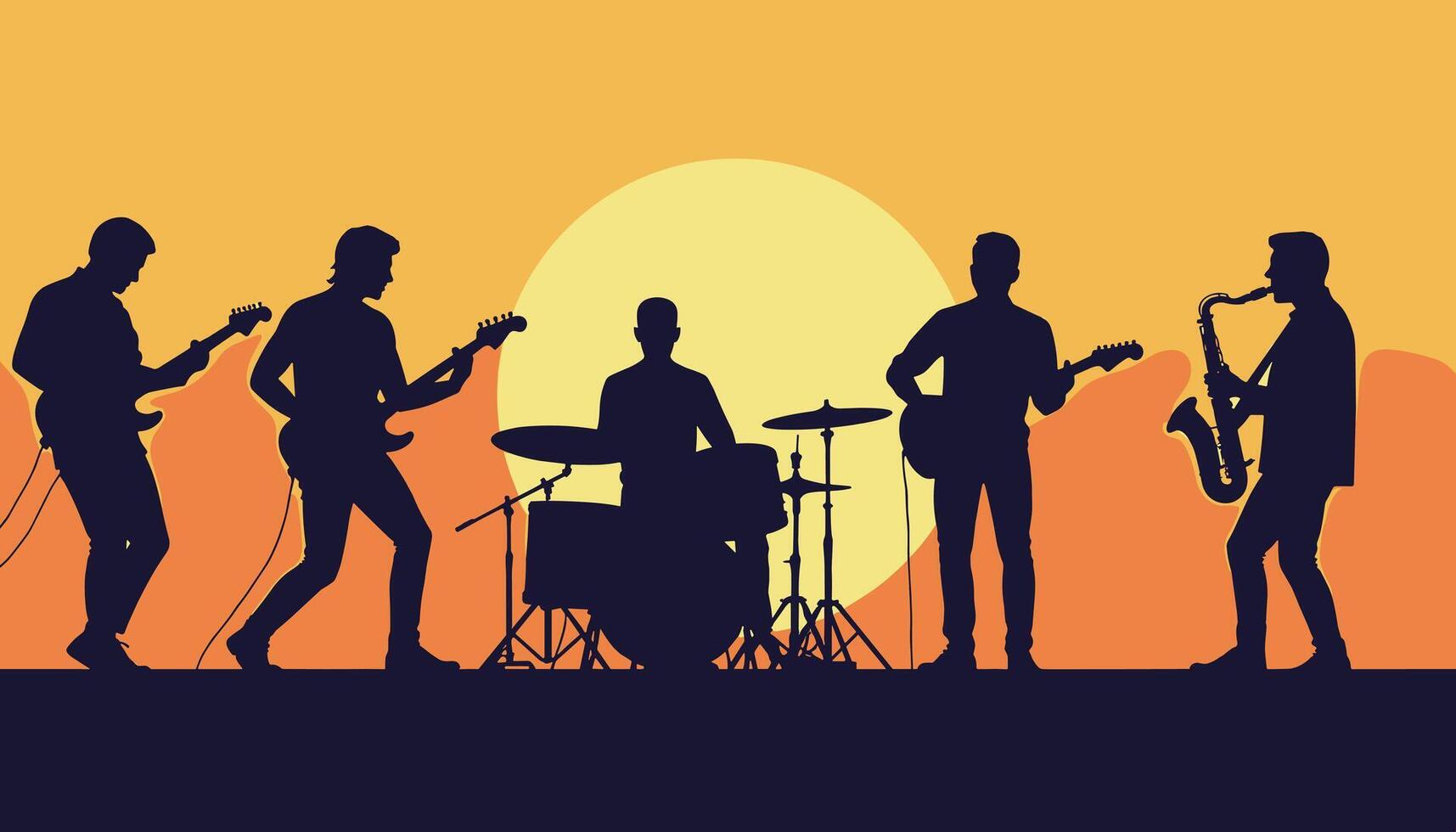 Silhouette of a diverse band performing energetically against a vibrant sunset backdrop. vector