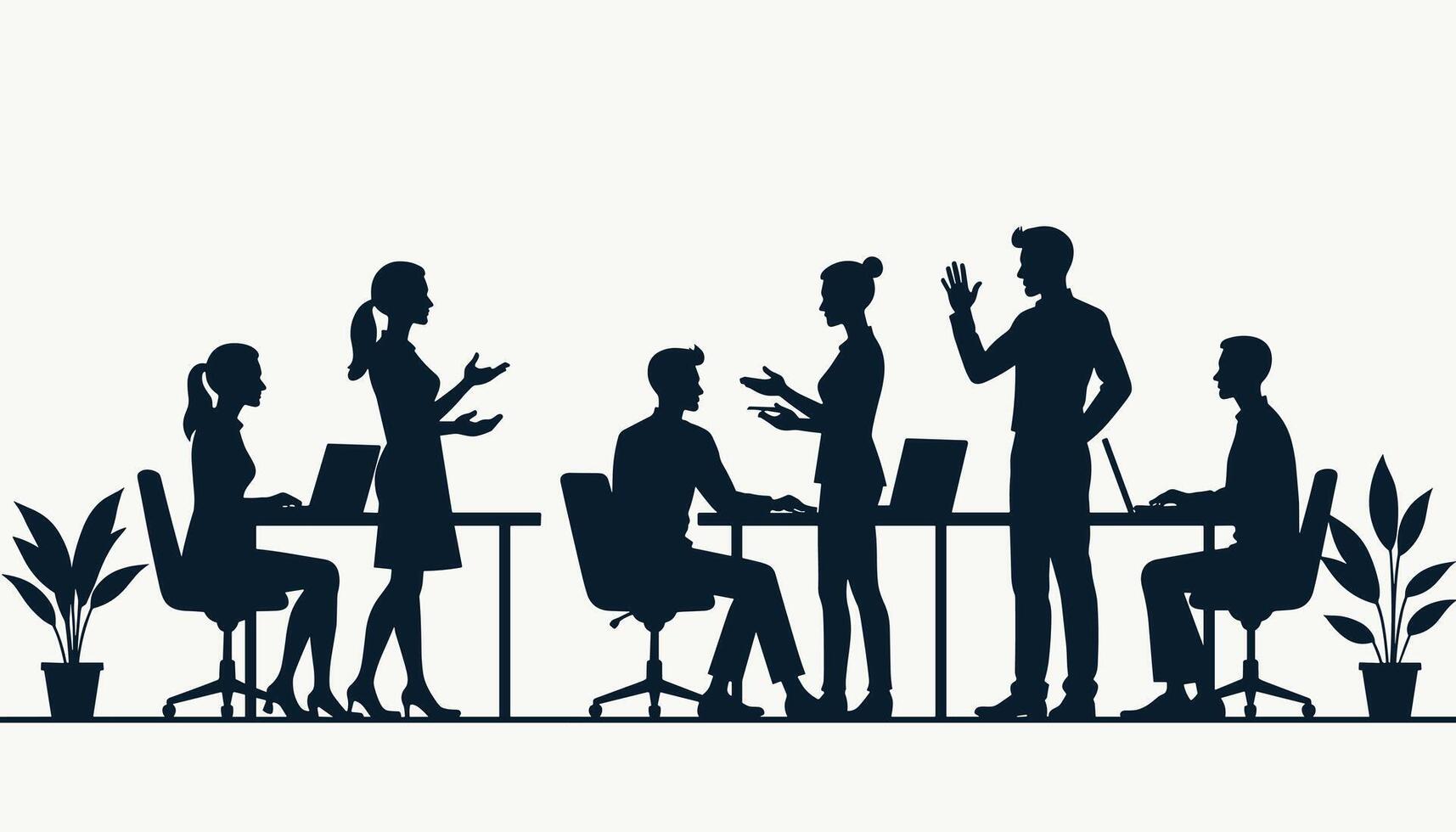 Silhouette of diverse business professionals engaging in a collaborative office discussion, illustrating teamwork and communication. vector