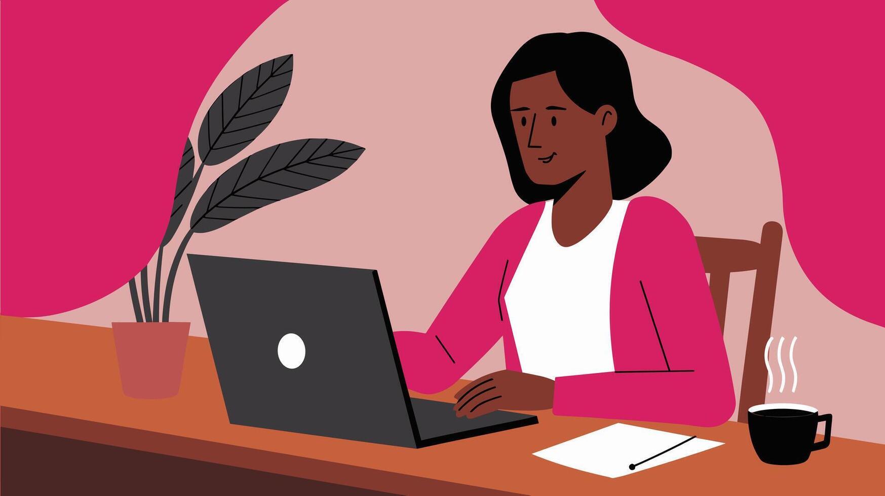 Illustration of a woman of African descent working on a laptop at a desk with a plant and coffee, set against a vibrant pink background. vector