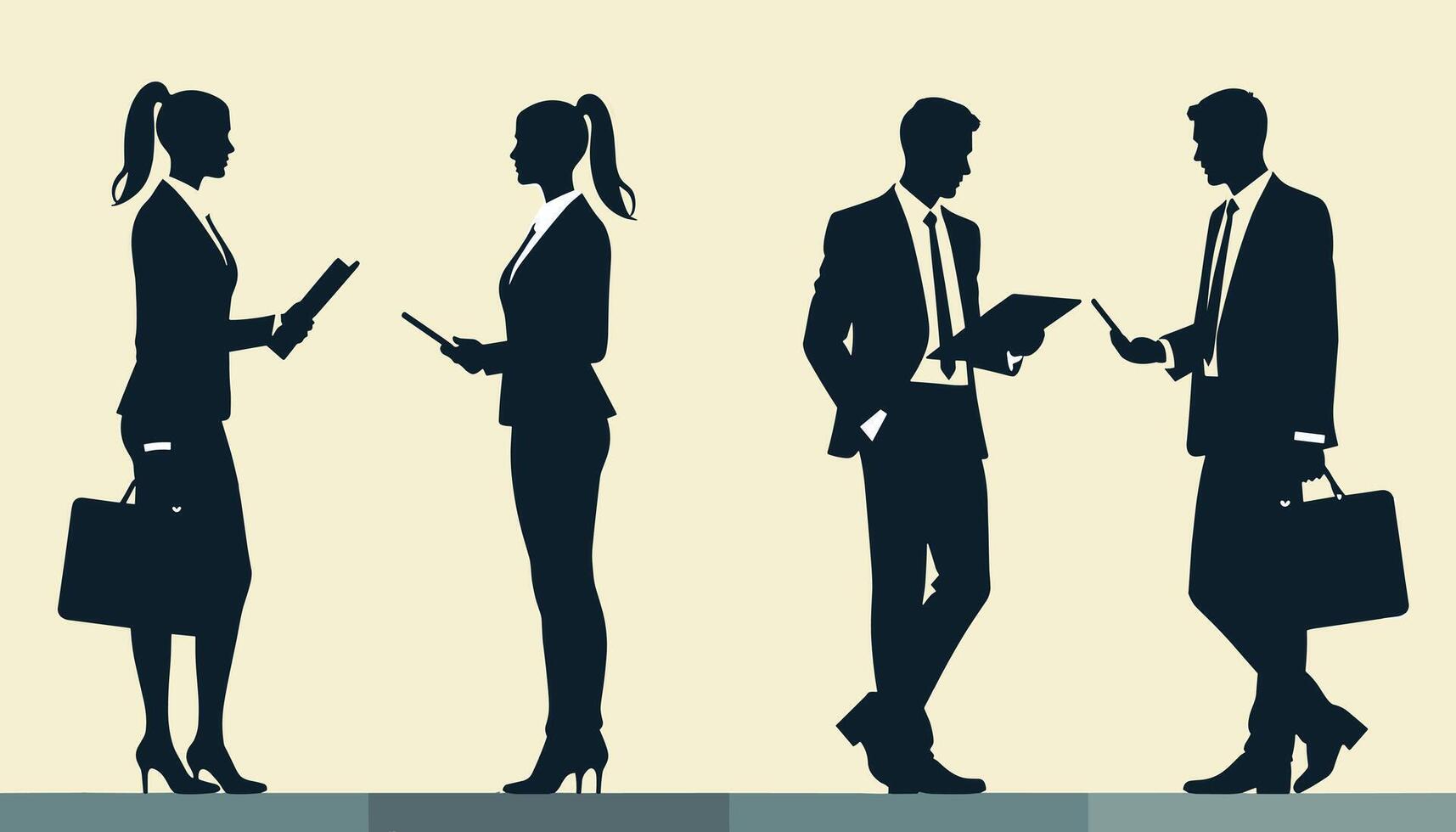 Silhouettes of business professionals in discussion, featuring men and women in formal attire, set in a professional environment. vector