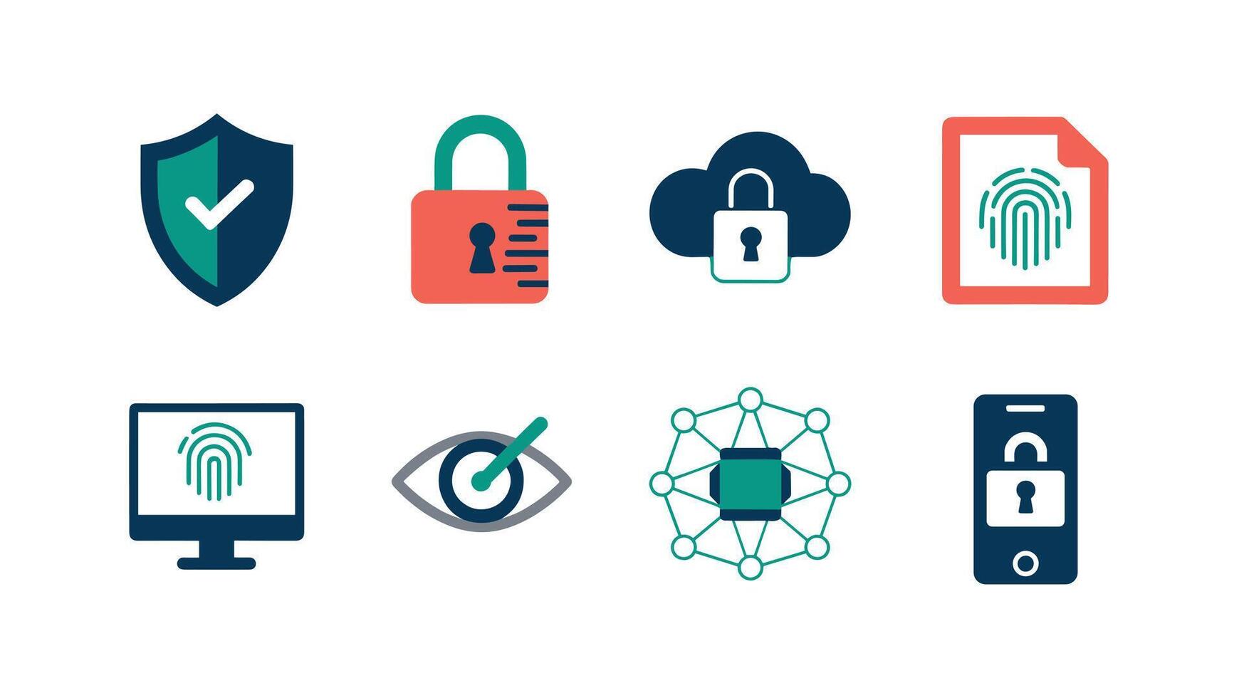 Collection of security and privacy icons including shield, lock, fingerprint, cloud, eye, and network symbol, symbolizing digital protection and access control. vector