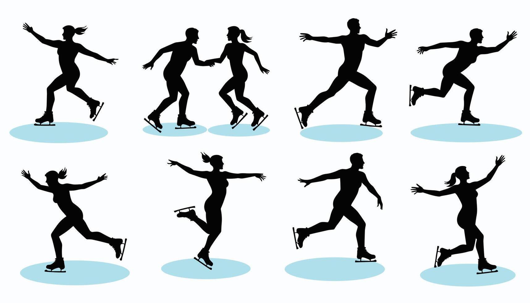 Silhouette figures showcasing ice skating moves on a light blue background, capturing dynamic motion and balance. vector
