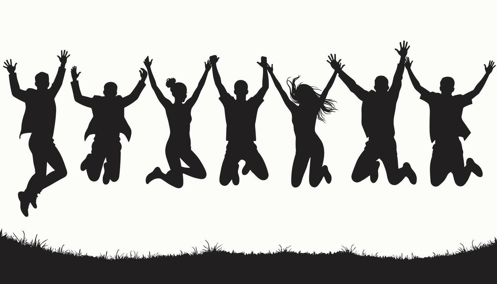 Silhouettes of diverse men and women joyfully jumping in the air, showcasing excitement and unity against a bright background. vector
