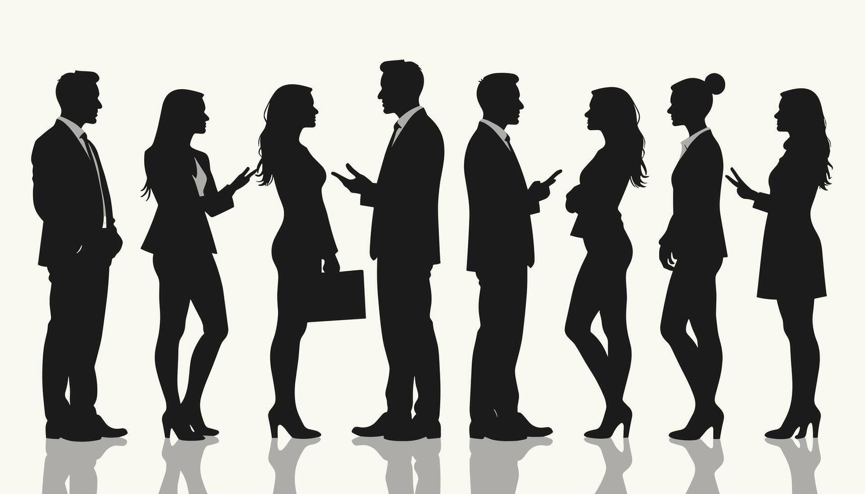 Silhouettes of diverse men and women in conversation, dressed in business attire against a neutral background, symbolizing professional dialogue and networking. vector