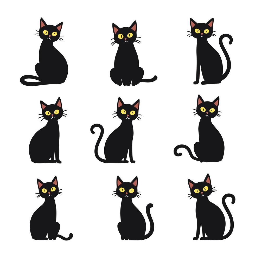A collection of nine black cats with yellow eyes sitting in various positions, depicted in a simple, cartoon style on a white background. vector