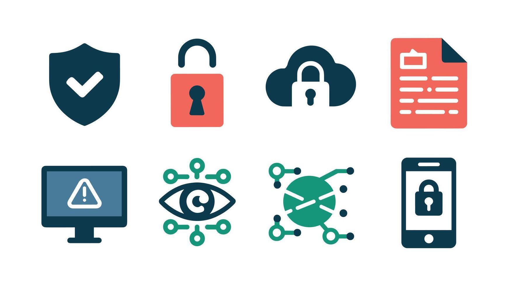 A collection of cybersecurity icons representing security concepts such as data protection, encryption, and safe online practices. vector