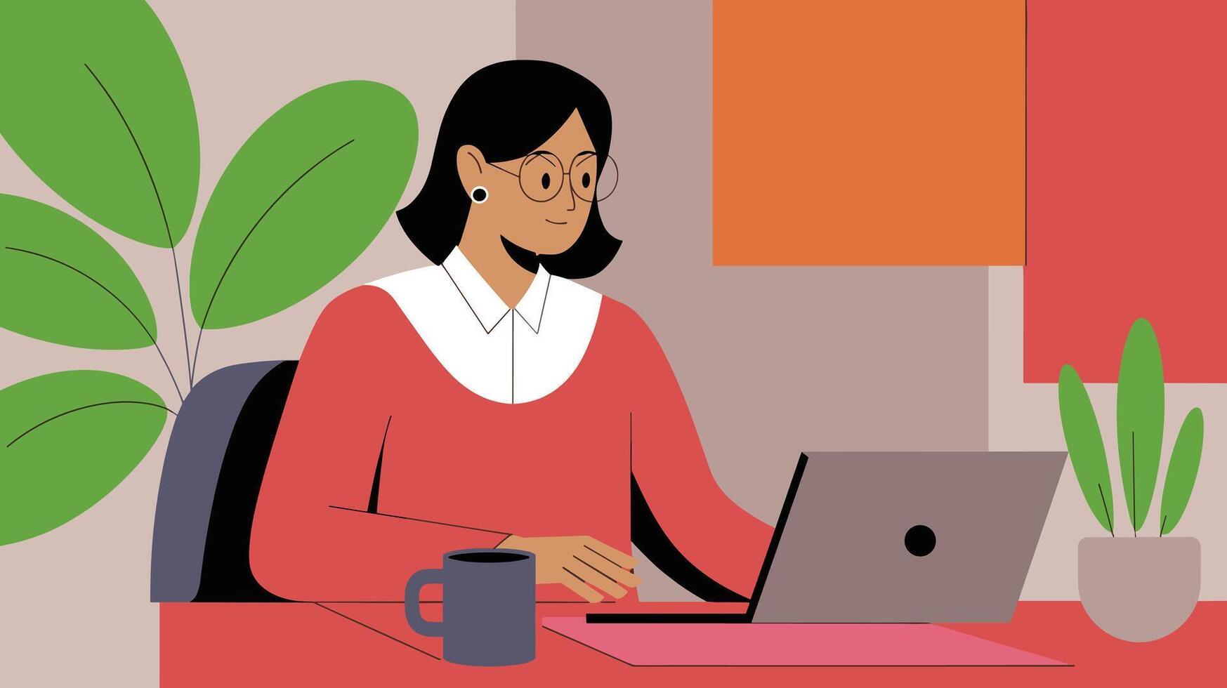 Illustration of a woman of Asian descent working at a laptop in a modern, colorful office space with plants, conveying a productive and creative atmosphere. vector