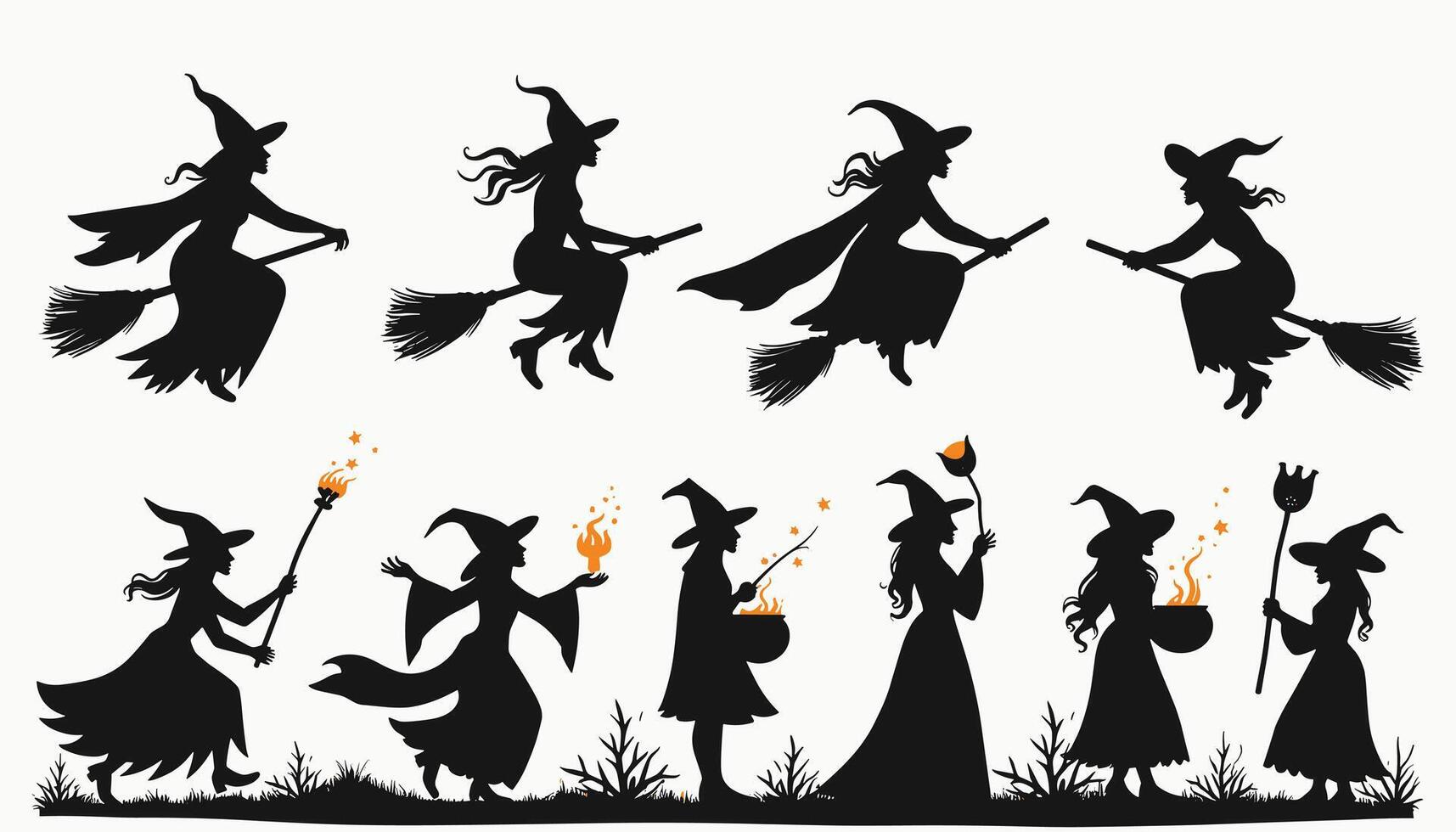 Silhouettes of witches in various poses, casting spells and flying on broomsticks, depicted with dramatic gestures in a mystical and magical scene. vector