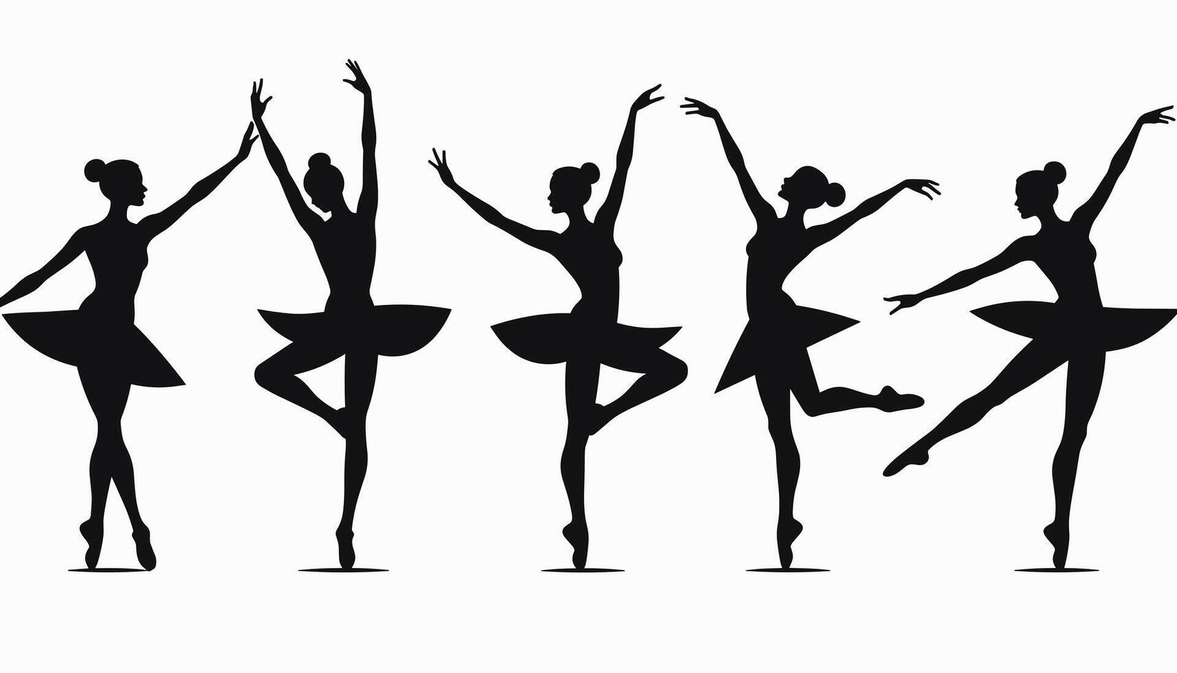 Silhouettes of female ballet dancers in elegant poses, showcasing grace and poise against a white background. vector