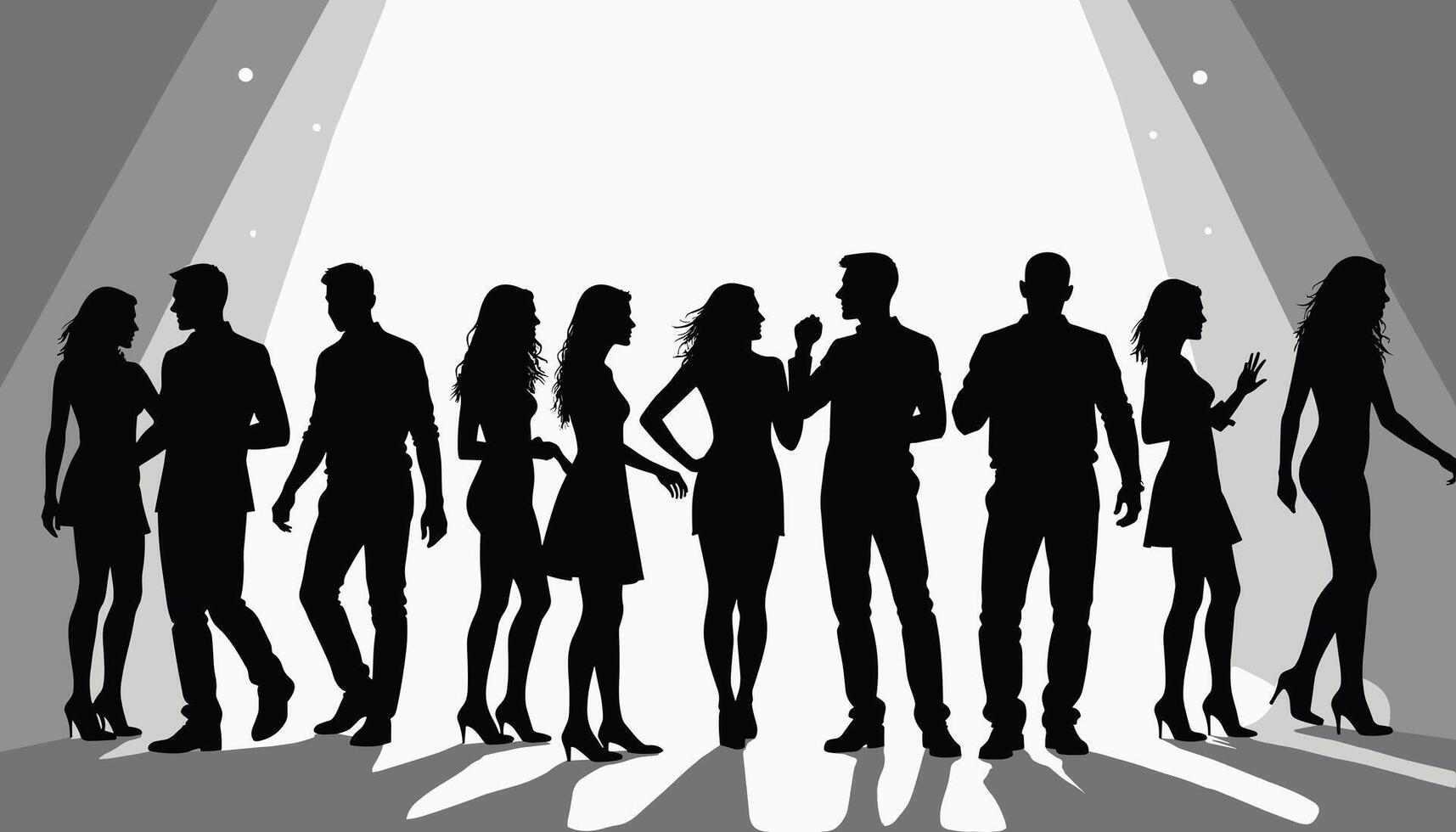 Silhouettes of diverse men and women engaged in conversation, set against a bright spotlight, creating a lively and sociable atmosphere. vector