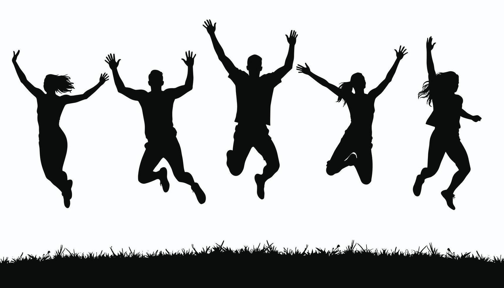 Group of five people joyfully jumping in silhouette against a white background, expressing freedom and energy. vector