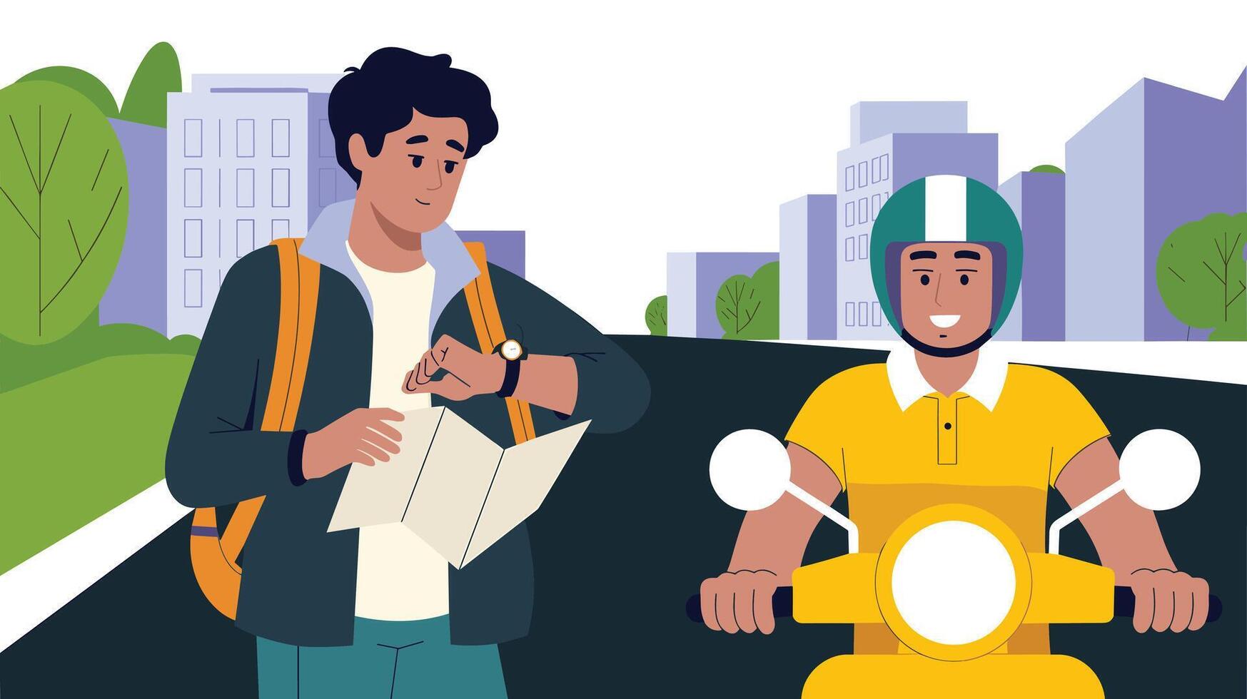 Illustration of a young man checking his watch while holding a map, standing beside a smiling motorcyclist on an urban street. vector