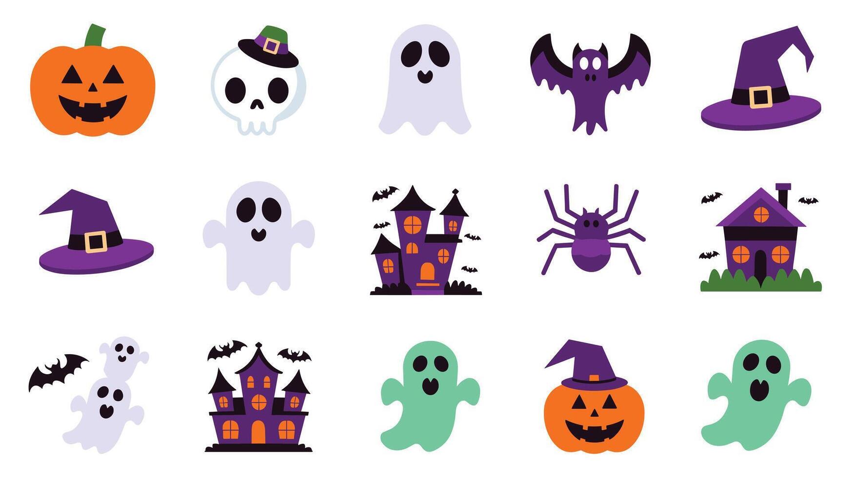 Colorful Halloween icons featuring pumpkins, ghosts, bats, witches' hats, and haunted houses create a spooky and festive atmosphere. vector