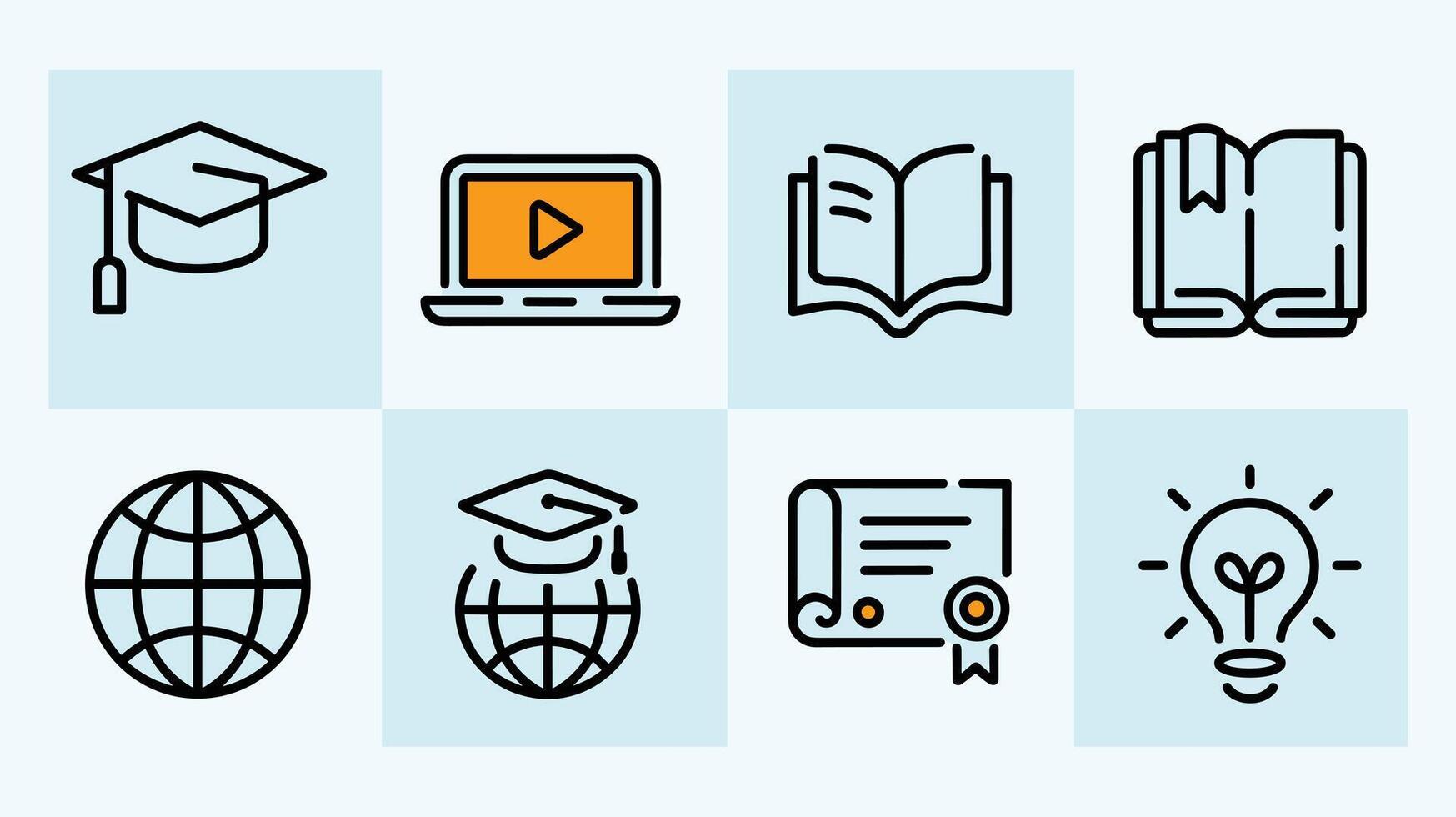 icons representing education concepts like graduation, online learning, books, global connectivity, certification, and ideas on a light blue background. vector