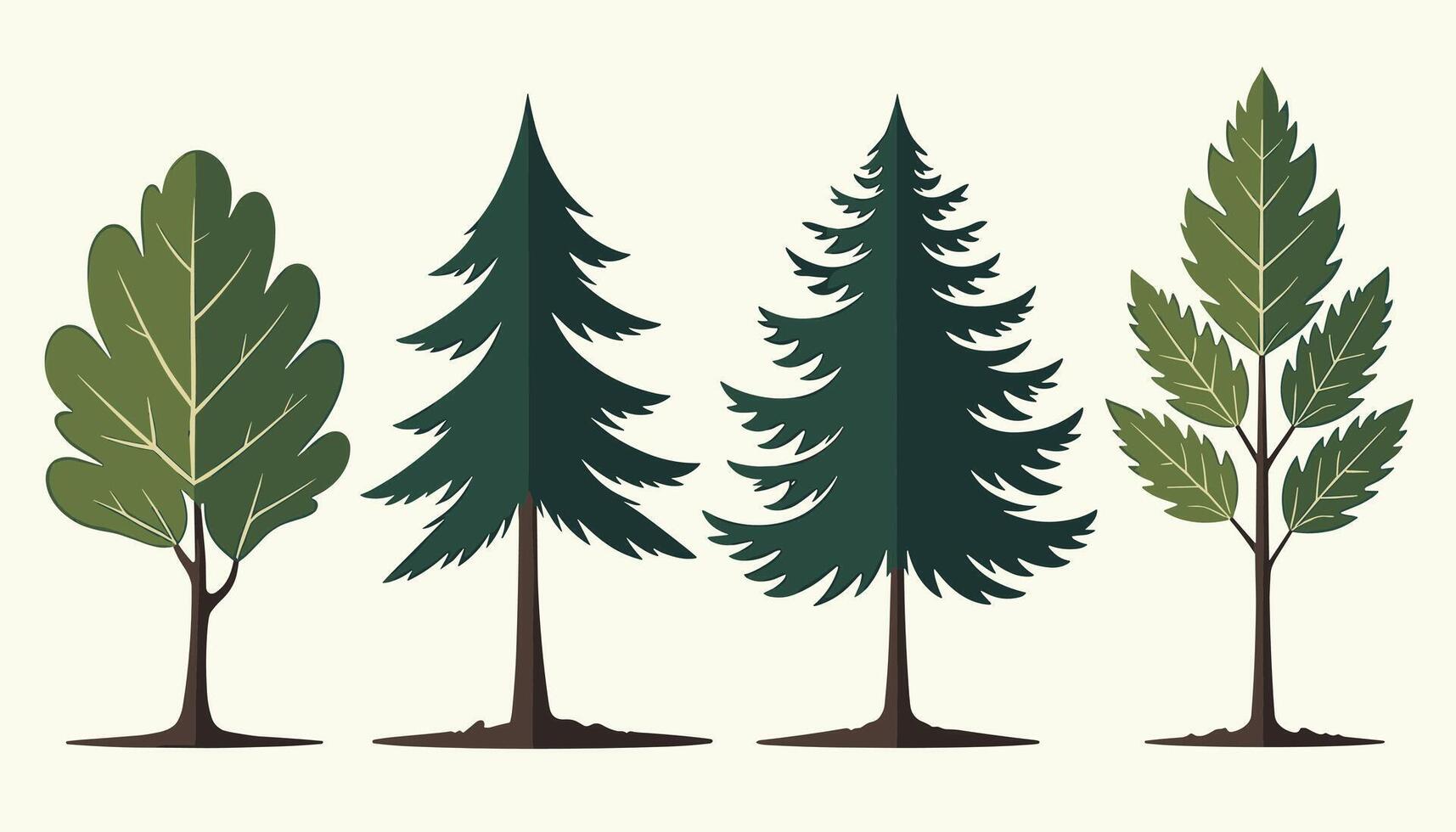 Illustration of four distinct tree types showcasing diverse leaf shapes and patterns against a light background. vector