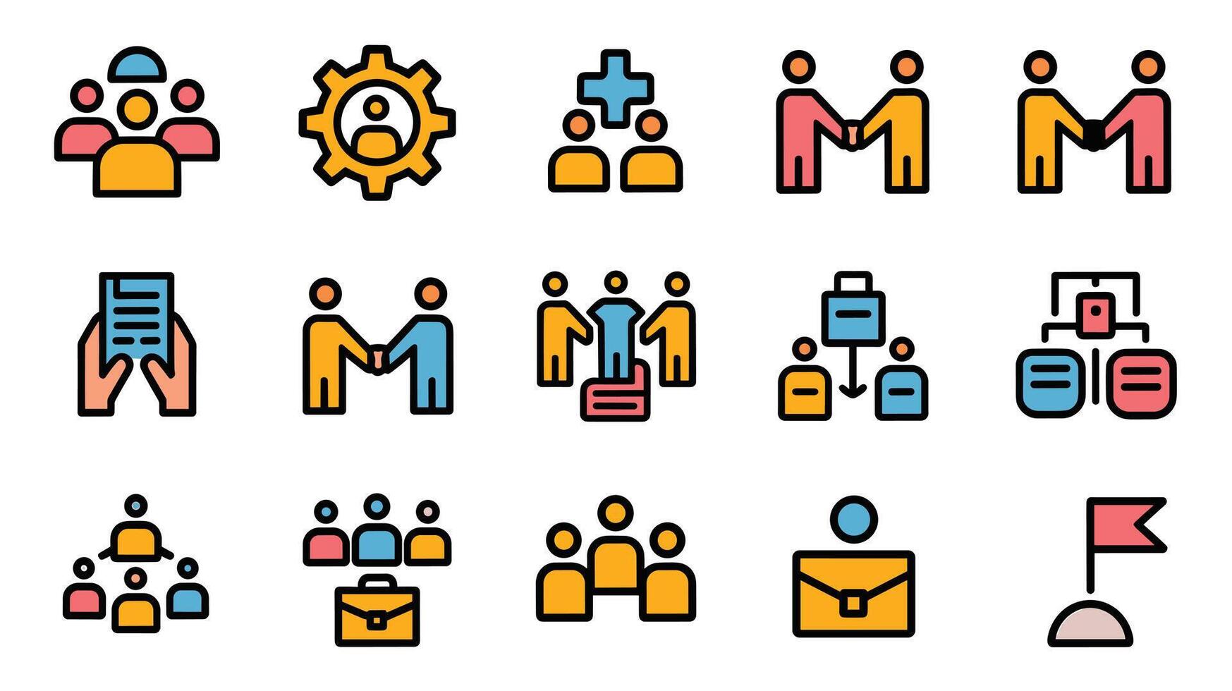 Colorful business and teamwork icons depicting collaboration, organization, and communication in a modern style. vector
