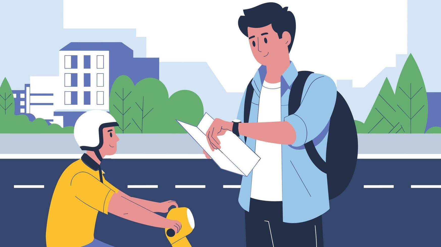 Young male traveler with backpack checks map while interacting with a scooter rider in an urban setting. vector