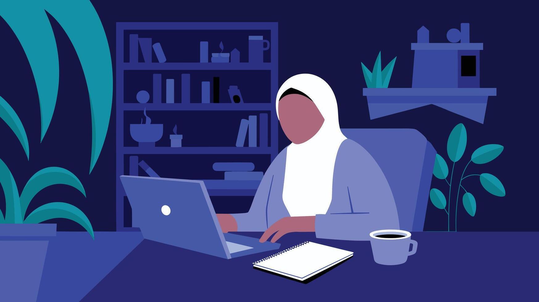 A woman wearing a hijab works on a laptop in a modern, minimalist office setting, surrounded by vibrant green plants and deep blue tones. vector