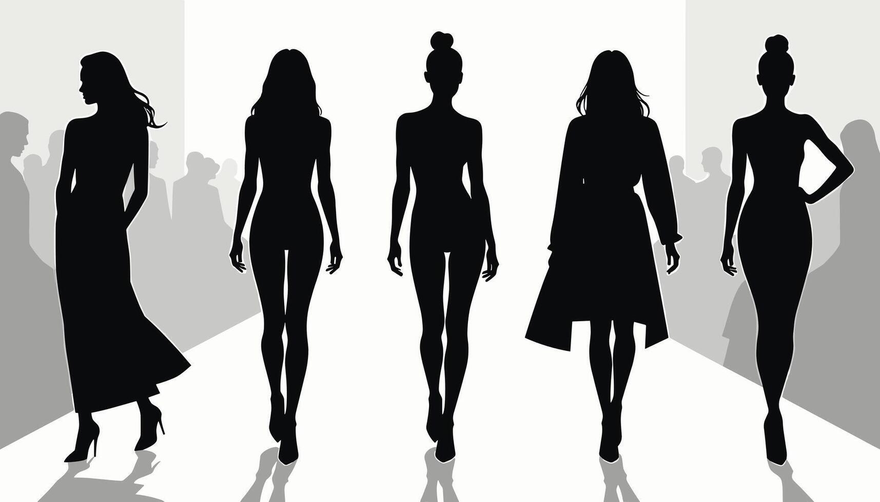 Silhouettes of five female models confidently strutting down the runway, showcasing elegance and style against a backlit fashion show setting. vector