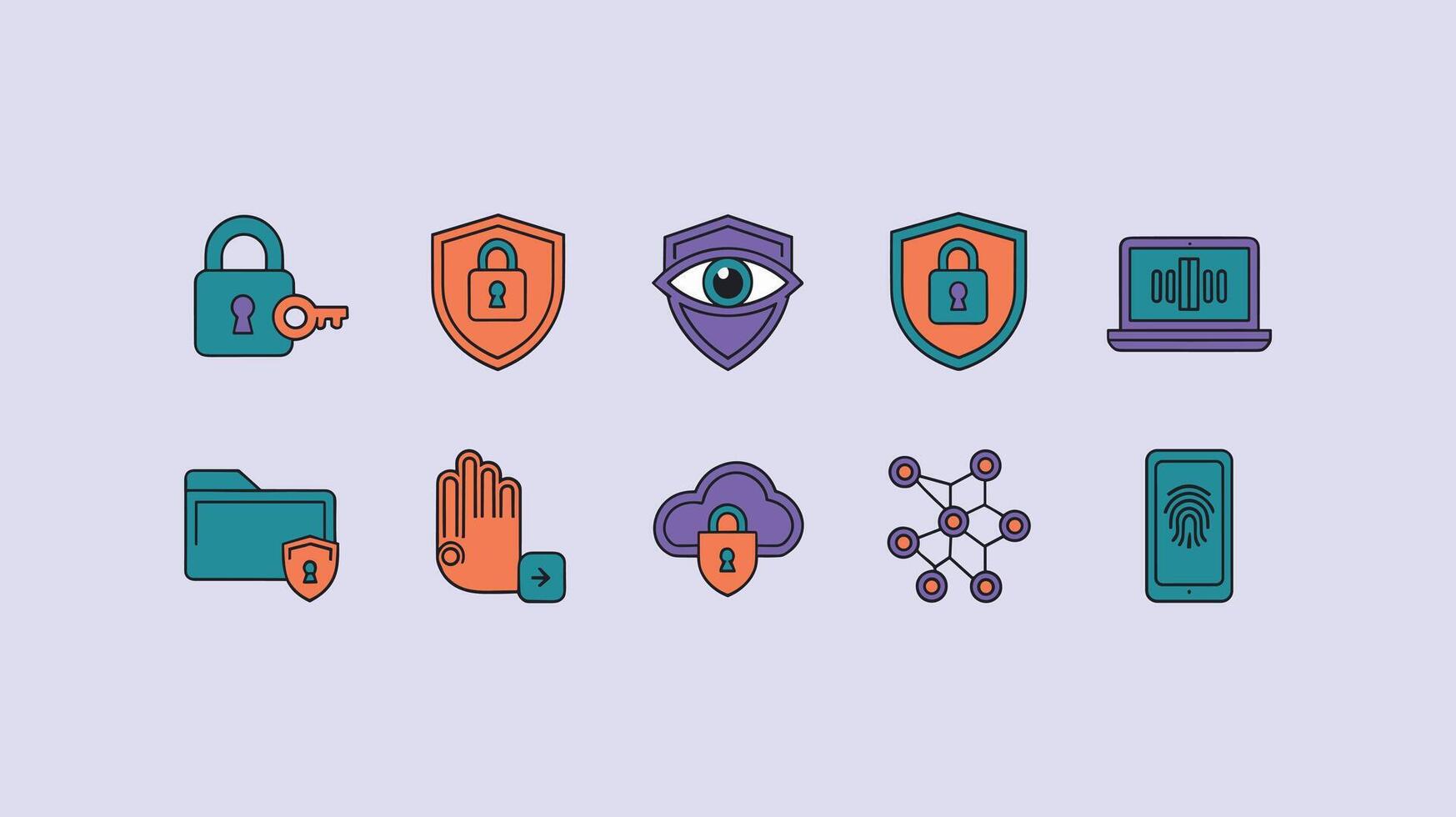 A set of cybersecurity icons depicting locks, shields, and biometric symbols on a light purple background, emphasizing digital security themes. vector