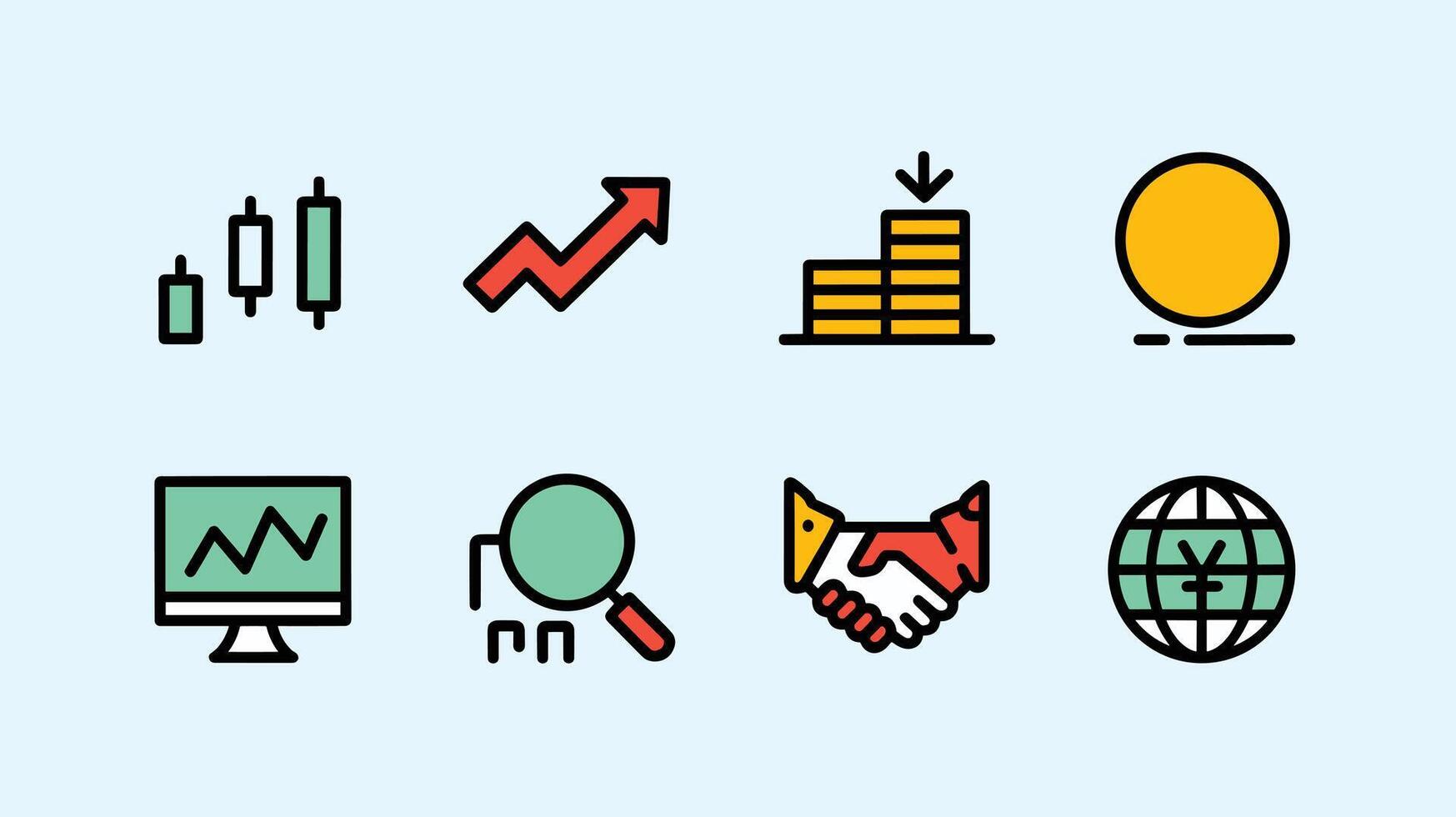 Colorful financial icons illustrating stock market trends, investment growth, currency, and global finance on a light background. vector