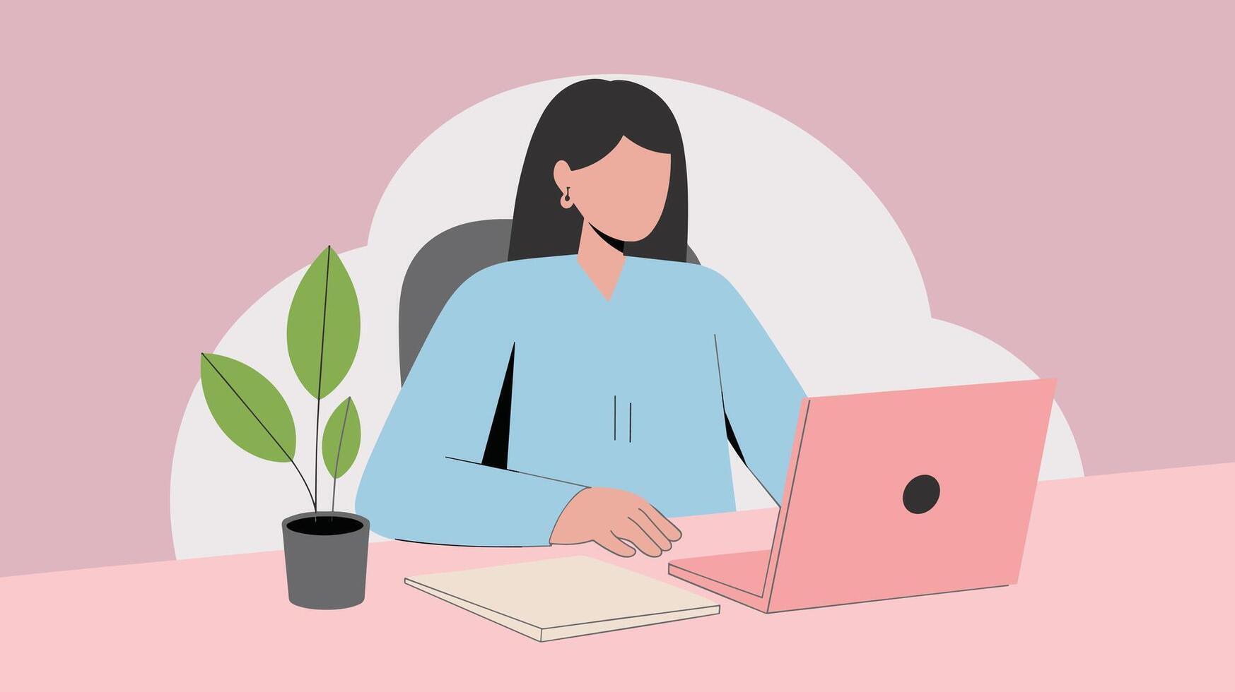 Illustration of a woman with long hair working on a laptop, set against a minimalist pink background, conveying a modern and focused atmosphere. vector